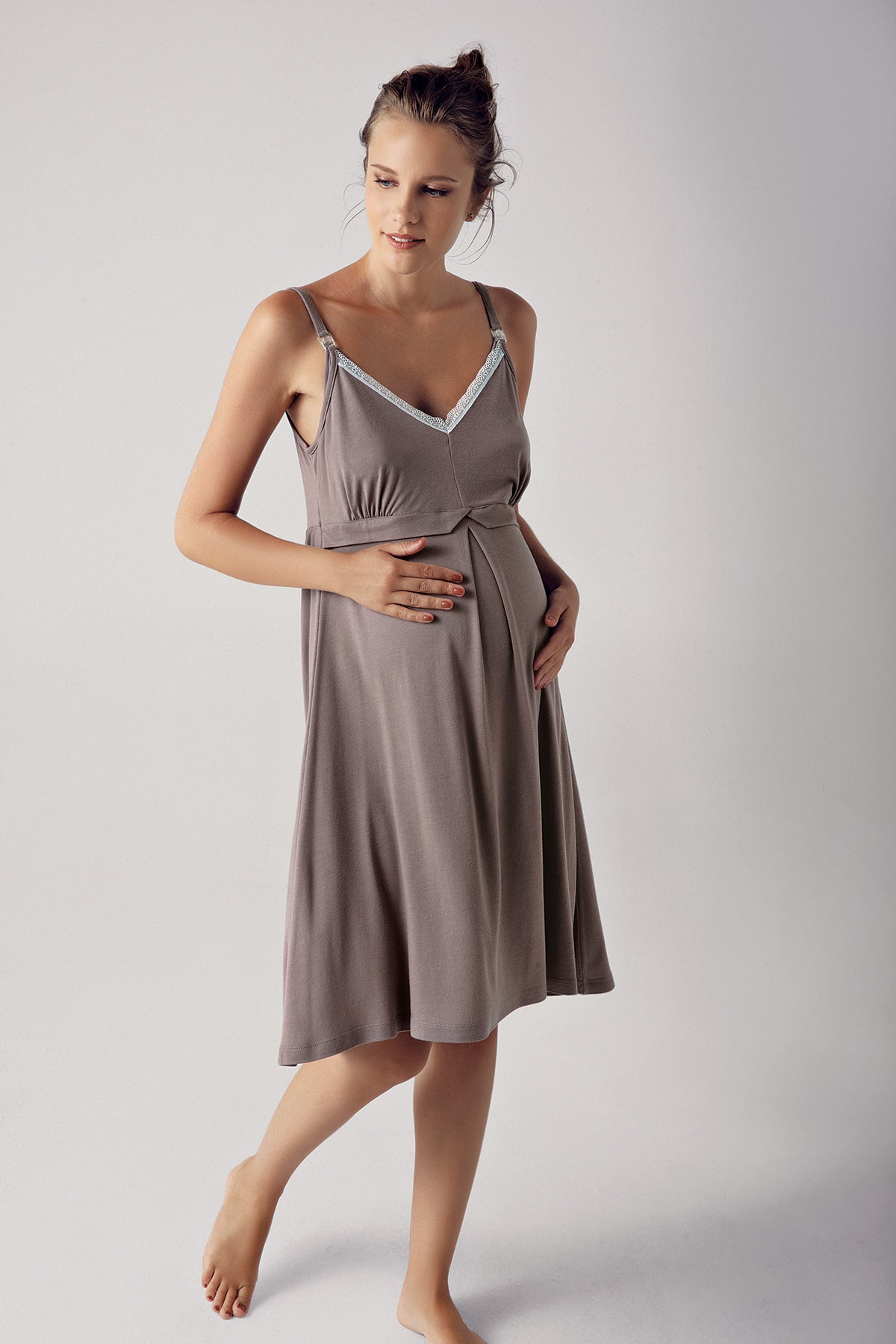 Shopymommy 13127 Strappy Maternity & Nursing Nightgown Coffee