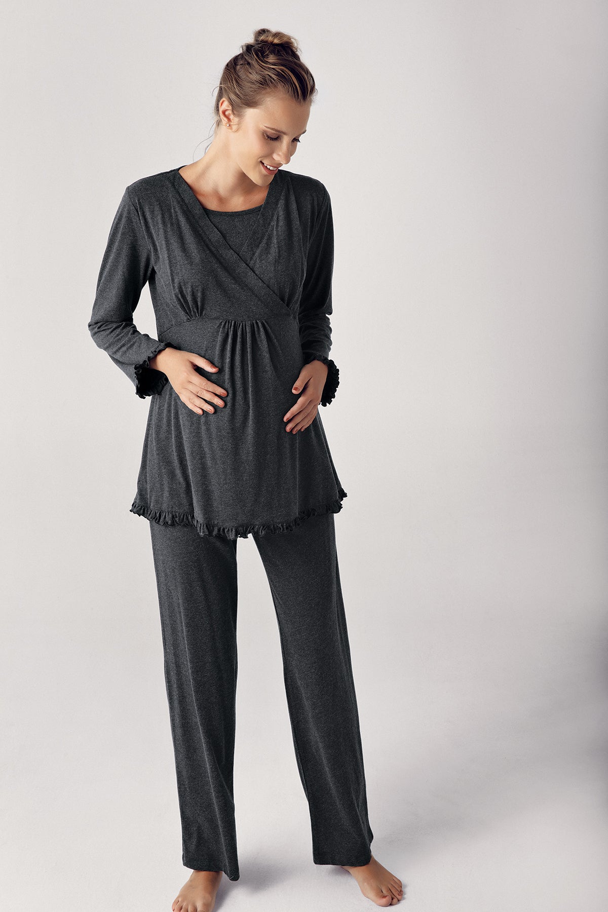 Shopymommy 13300 Double Breasted 3-Pieces Maternity & Nursing Pajamas With Robe Anthracite