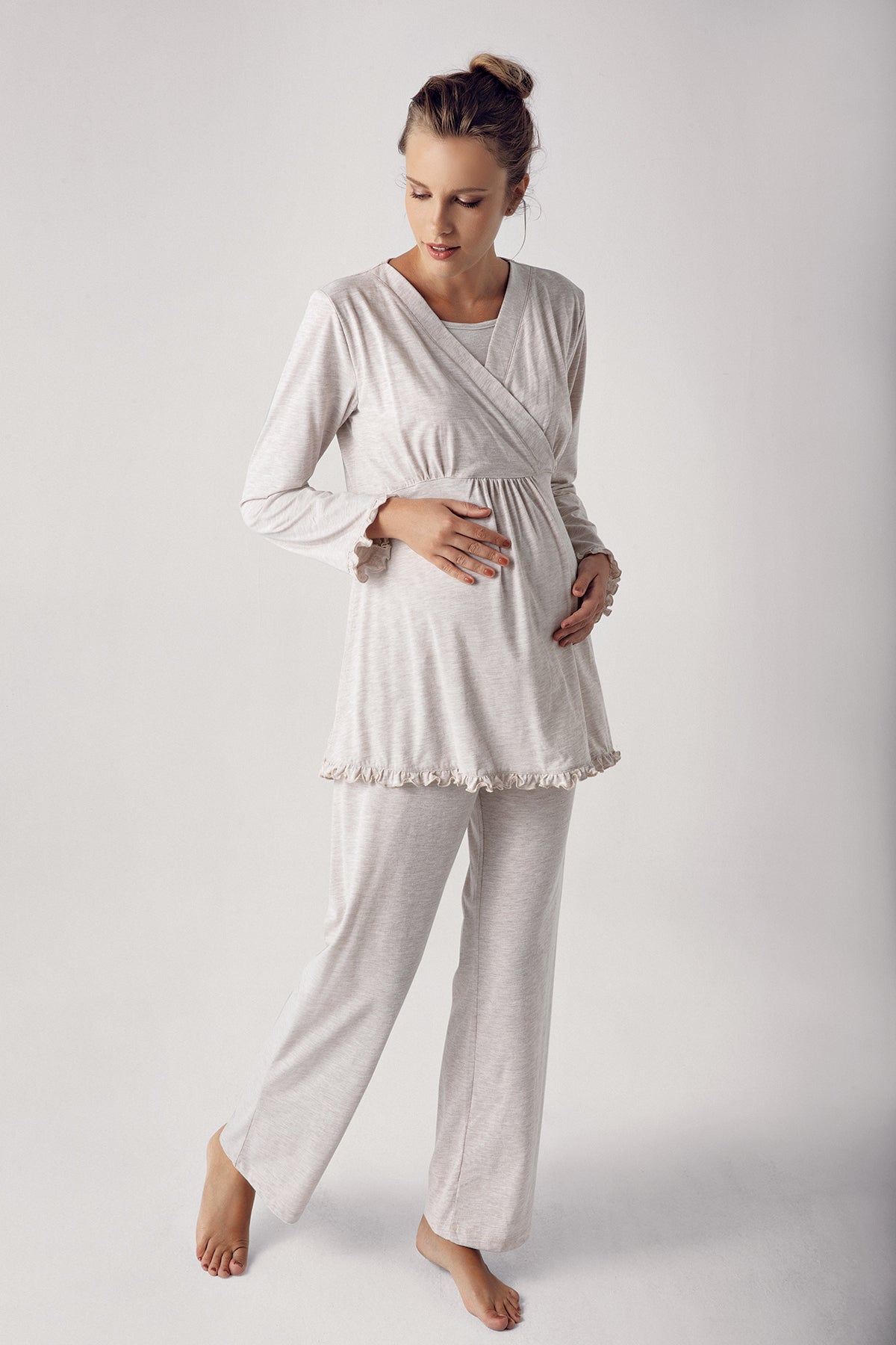 Shopymommy 13300 Double Breasted 3-Pieces Maternity & Nursing Pajamas With Robe Beige