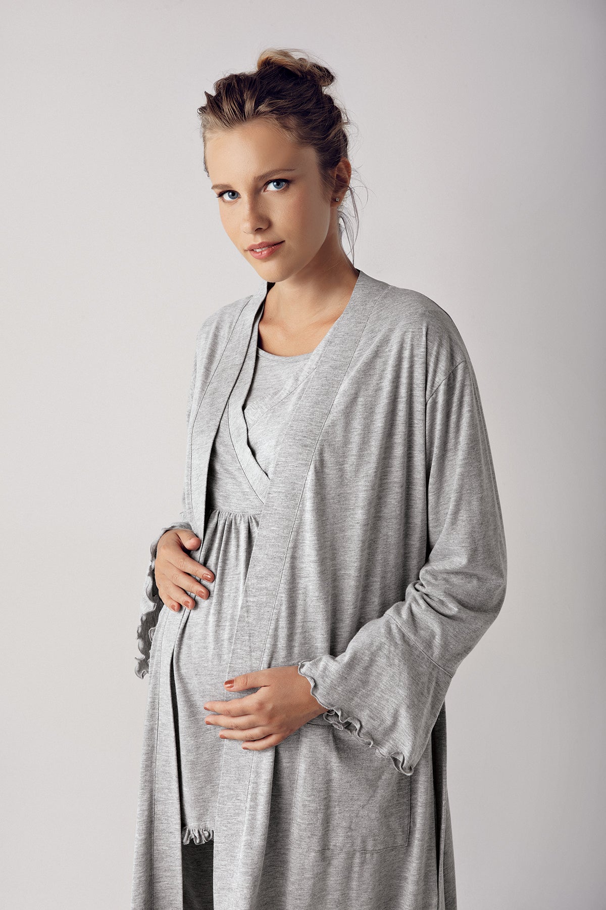 Shopymommy 13300 Double Breasted 3-Pieces Maternity & Nursing Pajamas With Robe Grey