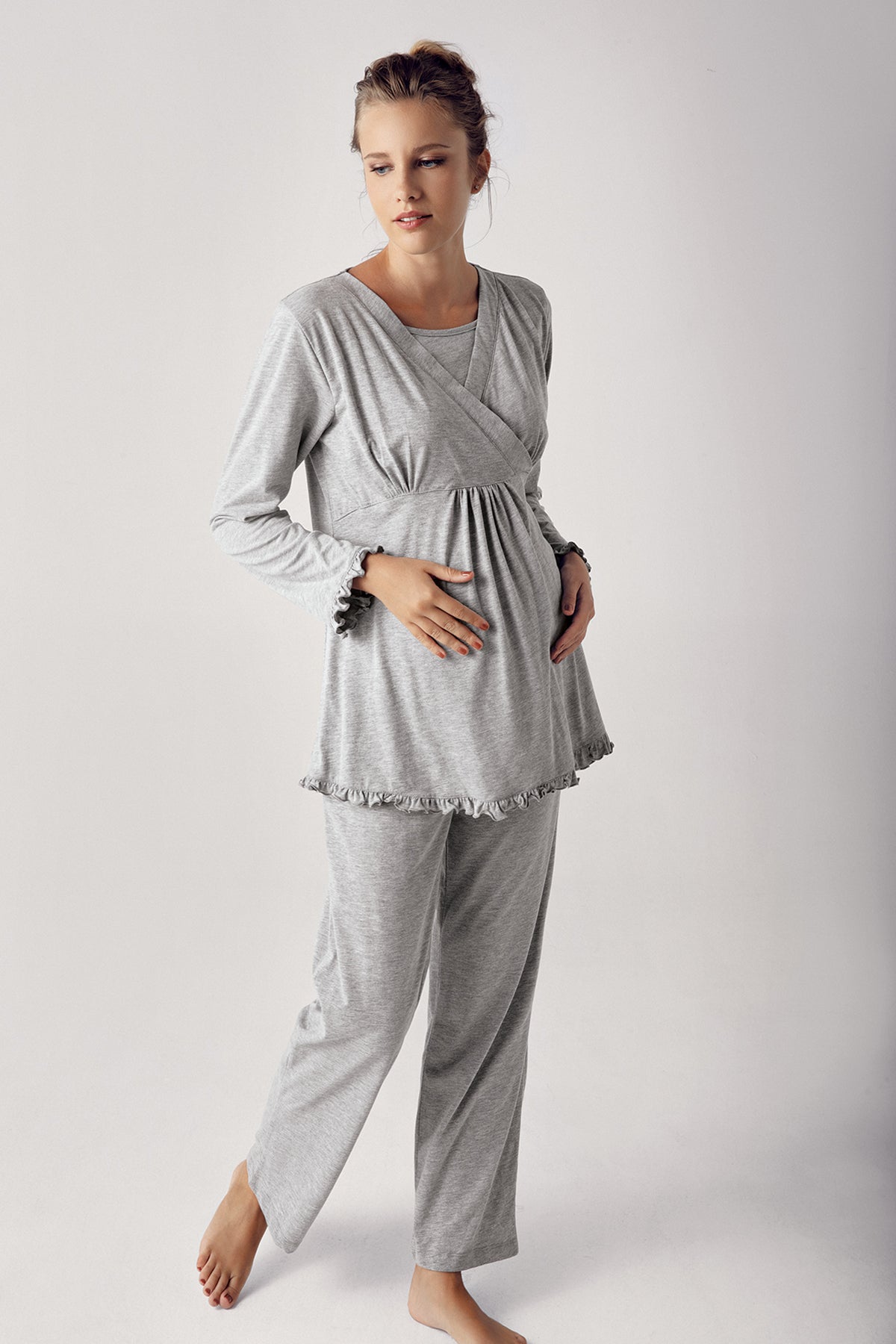 Shopymommy 13300 Double Breasted 3-Pieces Maternity & Nursing Pajamas With Robe Grey