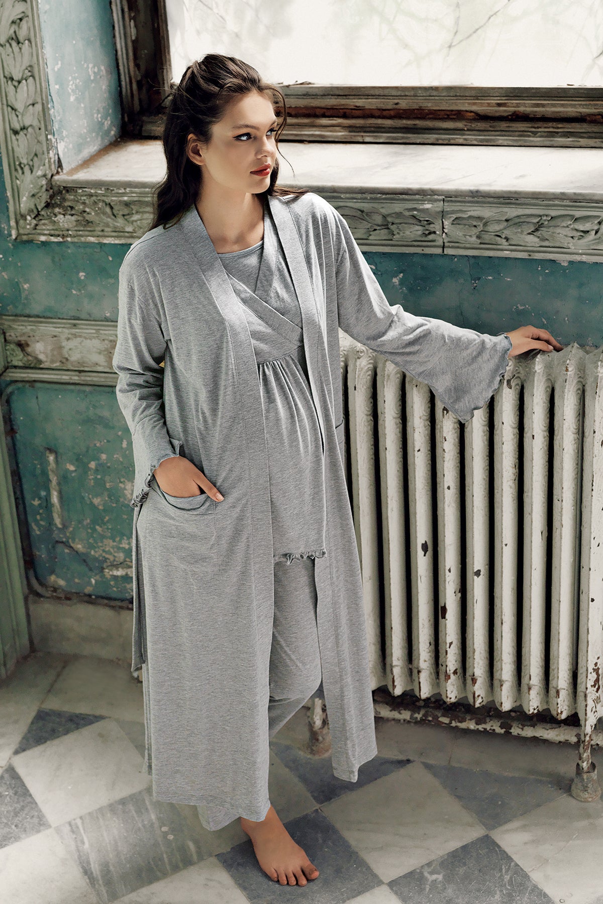 Shopymommy 13300 Double Breasted 3-Pieces Maternity & Nursing Pajamas With Robe Grey