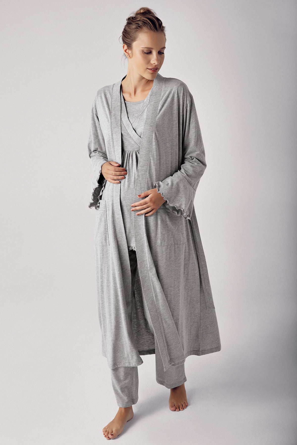 Shopymommy 13300 Double Breasted 3-Pieces Maternity & Nursing Pajamas With Robe Grey