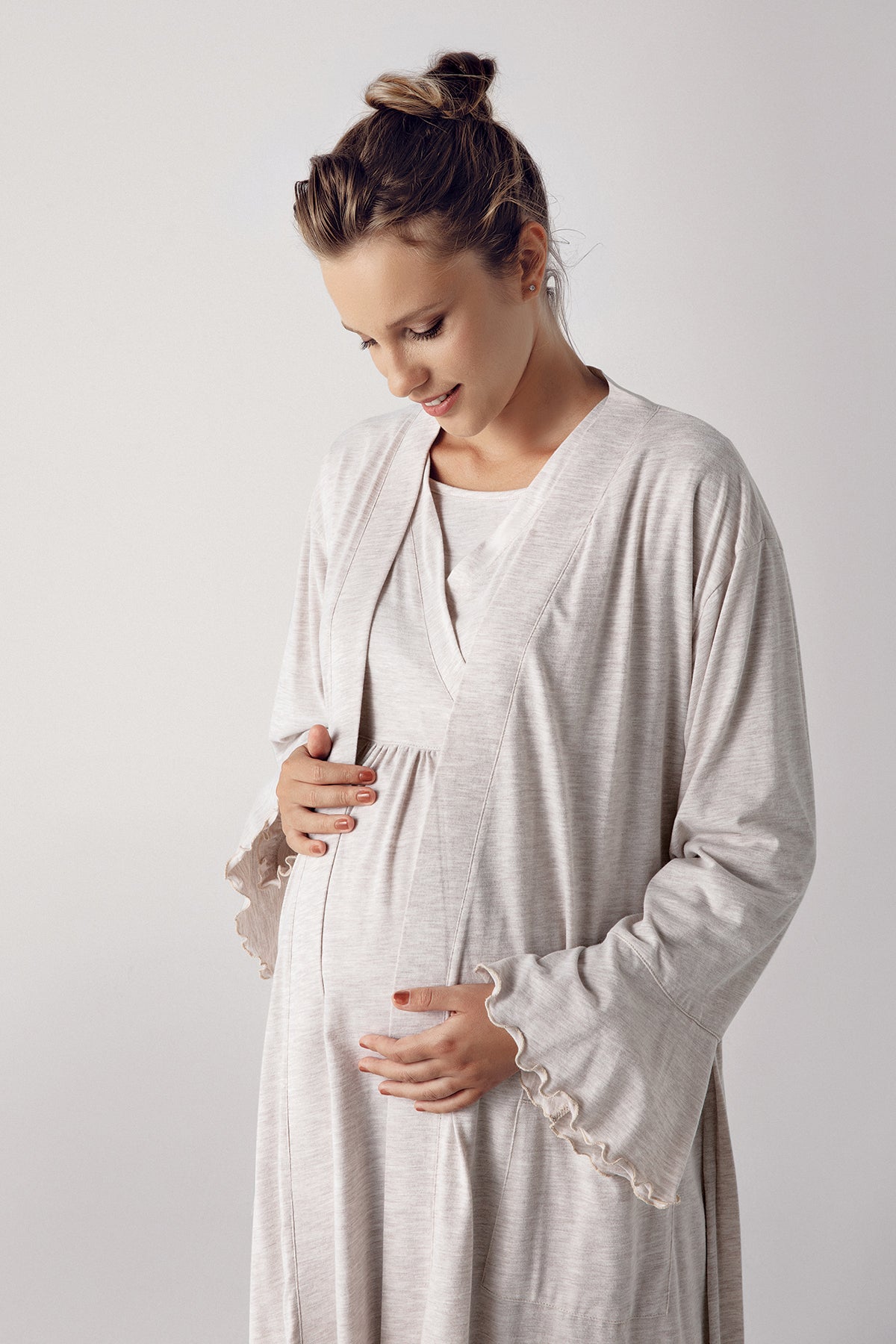 Shopymommy 13400 Double Breasted Maternity & Nursing Nightgown With Robe Beige