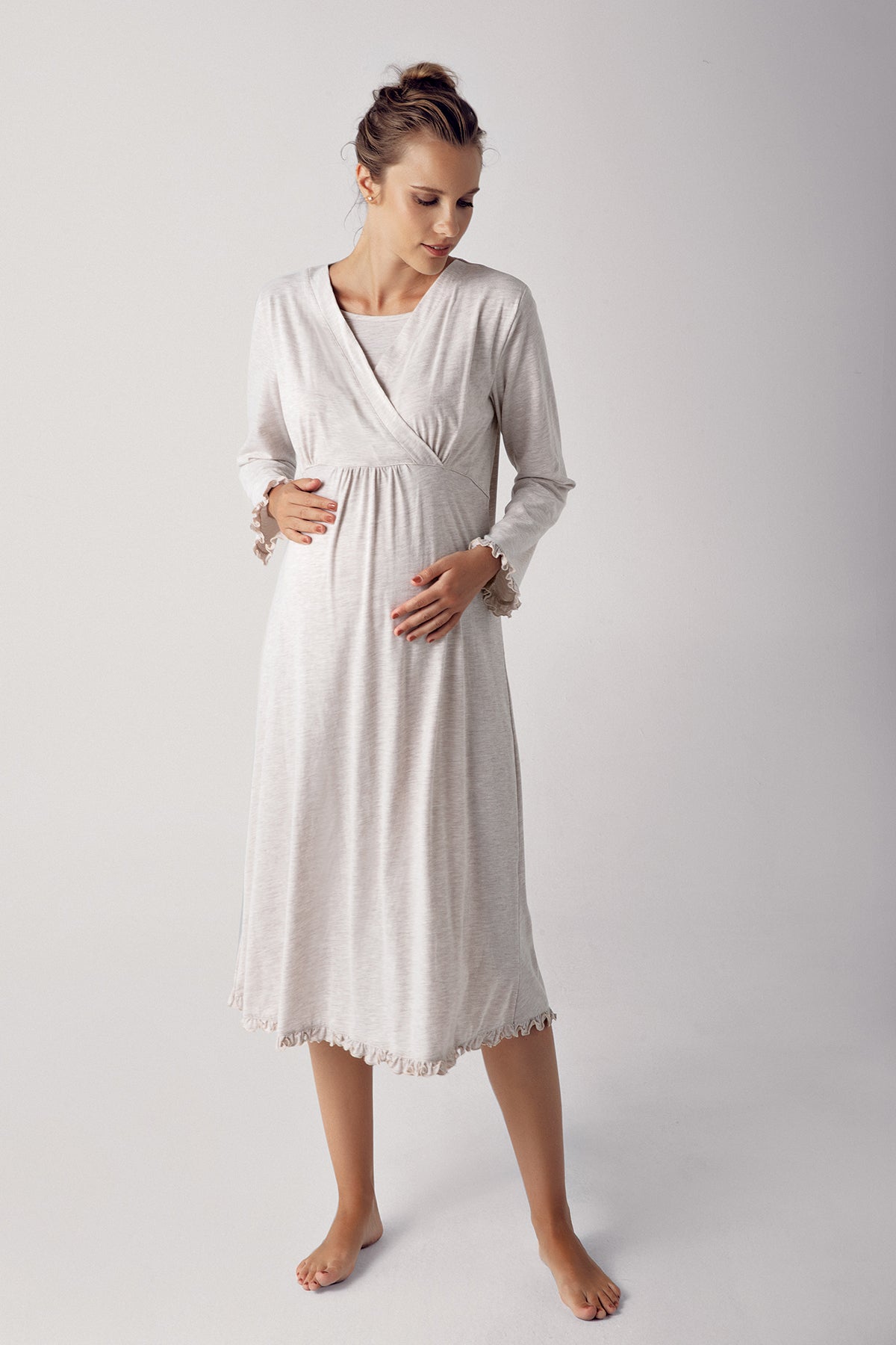 Shopymommy 13400 Double Breasted Maternity & Nursing Nightgown With Robe Beige