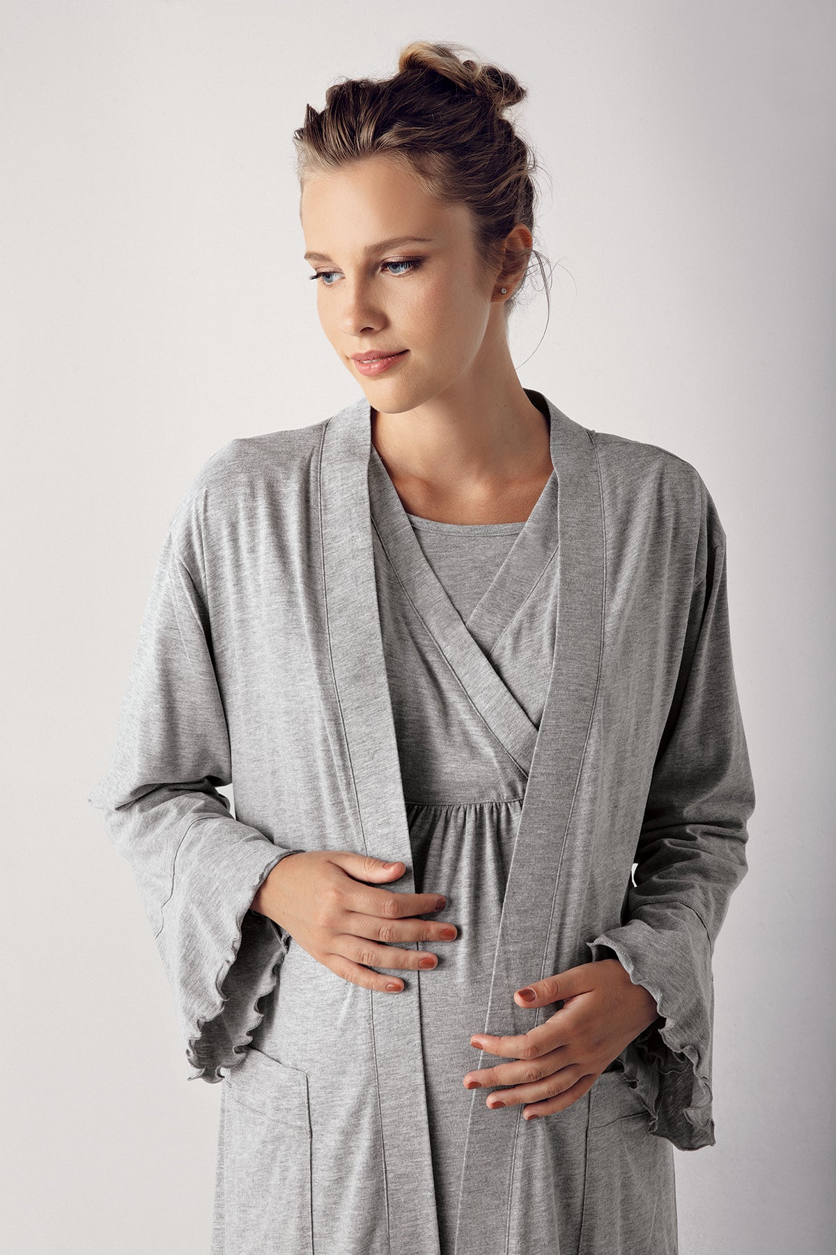 Shopymommy 13400 Double Breasted Maternity & Nursing Nightgown With Robe Grey