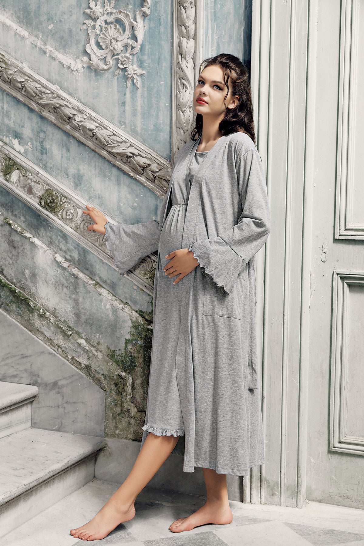 Shopymommy 13400 Double Breasted Maternity & Nursing Nightgown With Robe Grey