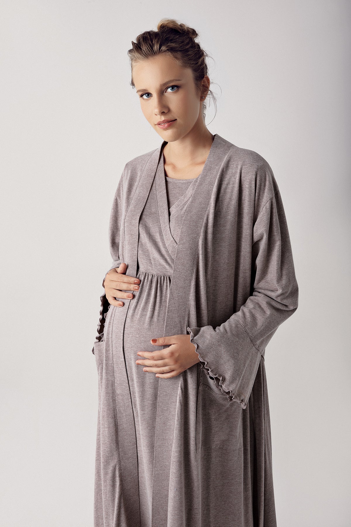 Shopymommy 13400 Double Breasted Maternity & Nursing Nightgown With Robe Coffee