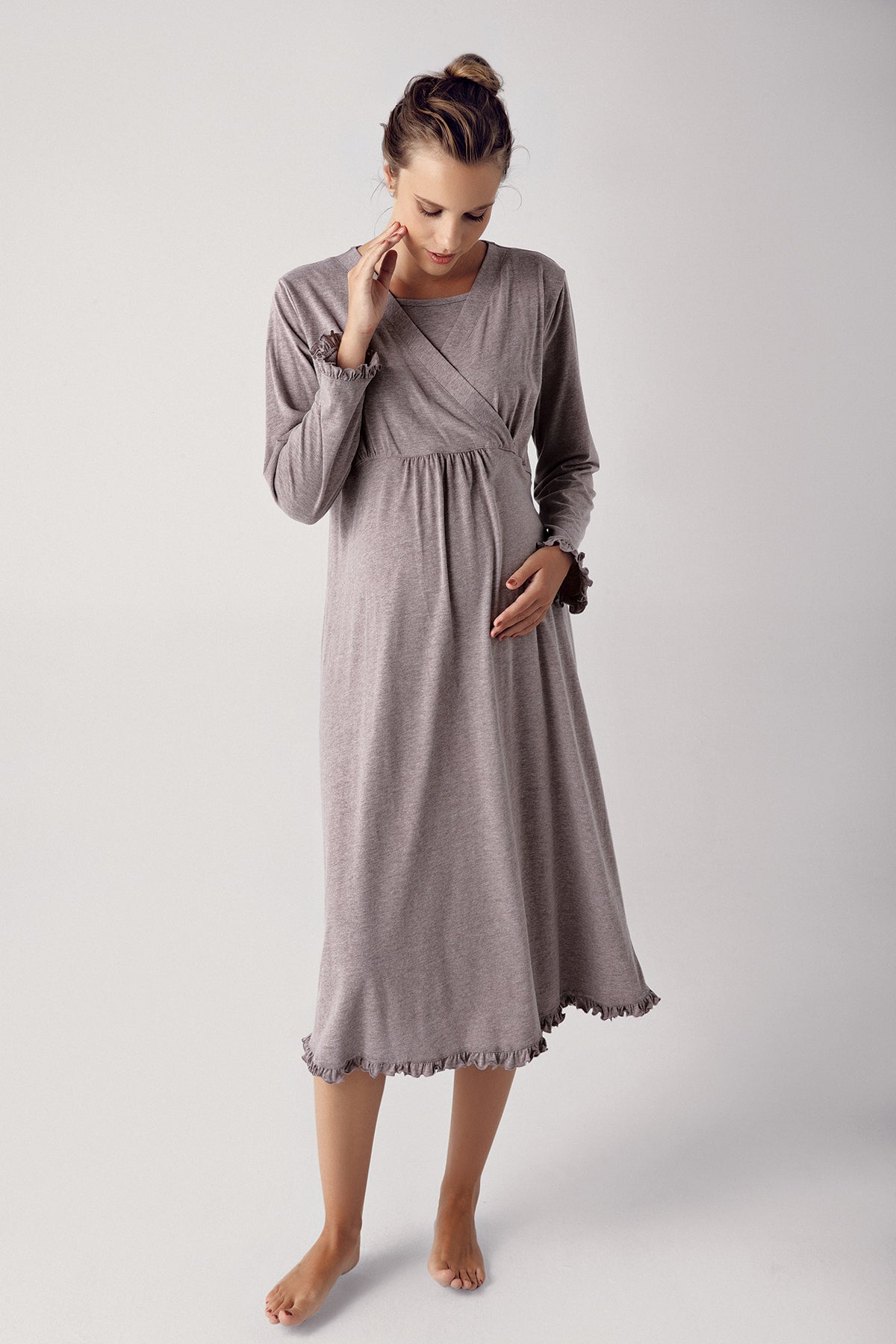 Shopymommy 13400 Double Breasted Maternity & Nursing Nightgown With Robe Coffee