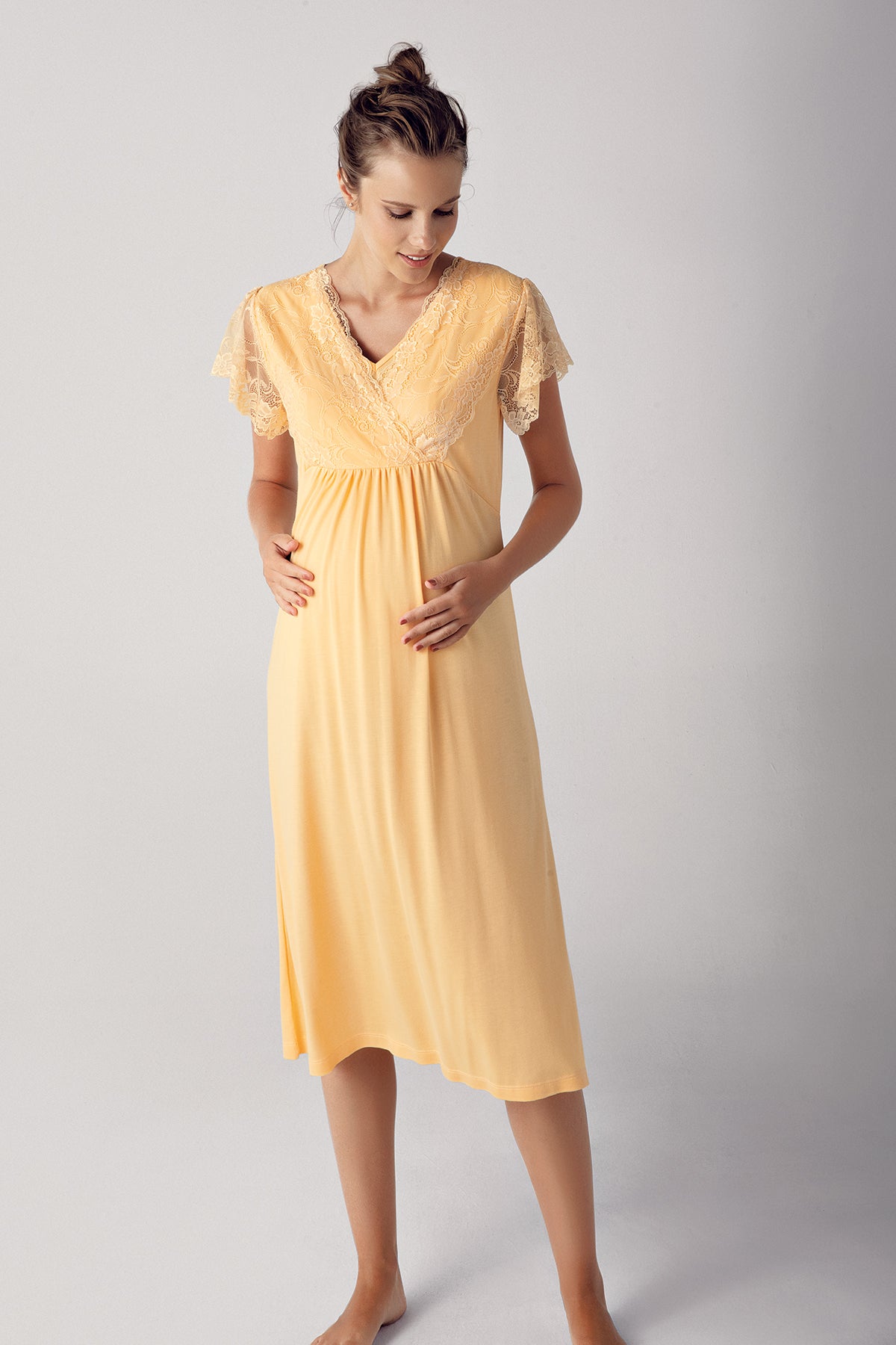 Shopymommy 13404 Lace Sleeve Double Breasted Maternity & Nursing Nightgown With Robe Yellow