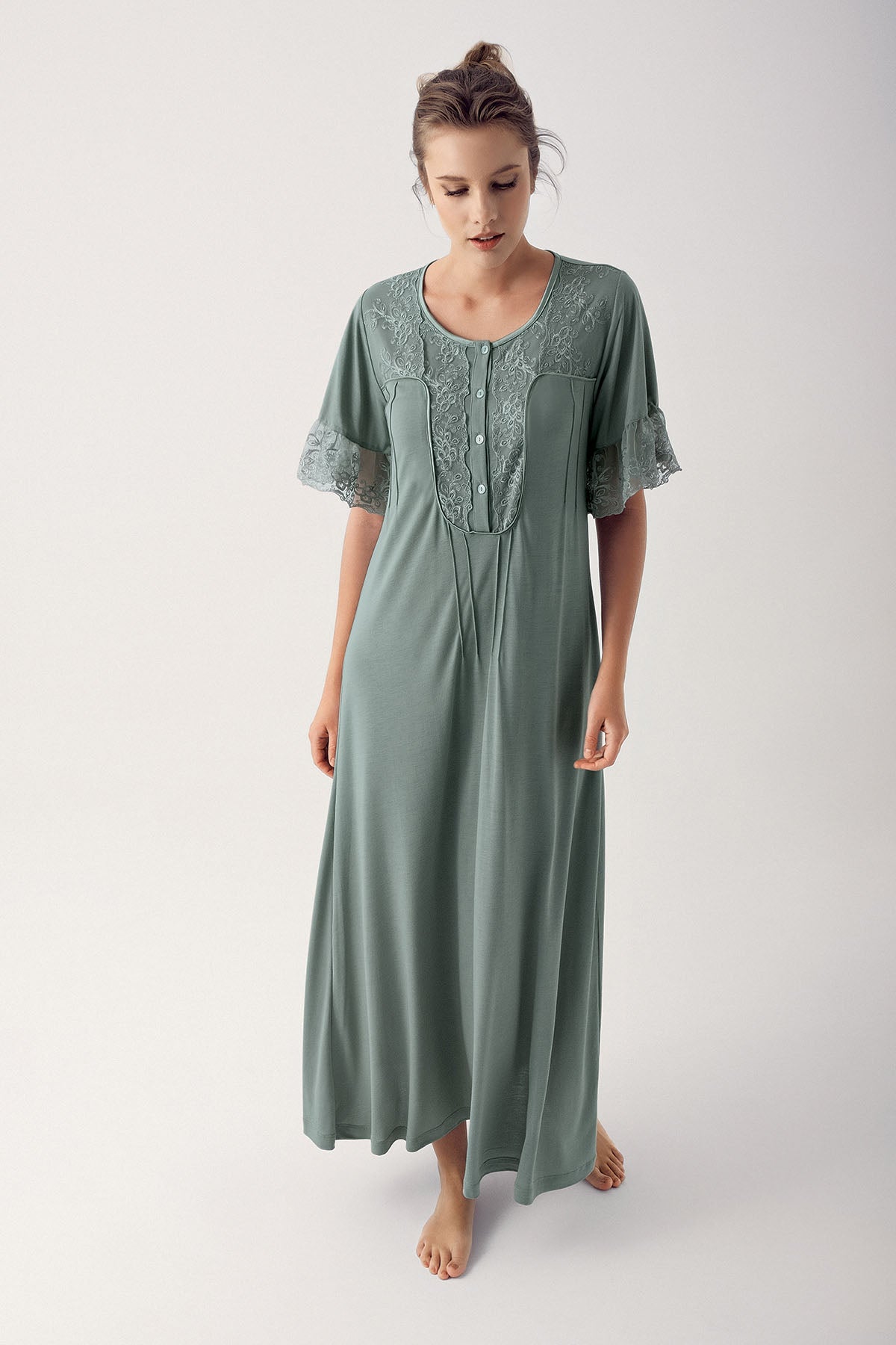 Shopymommy 14105 Collar And Sleeve Lace Maternity & Nursing Nightgown Green