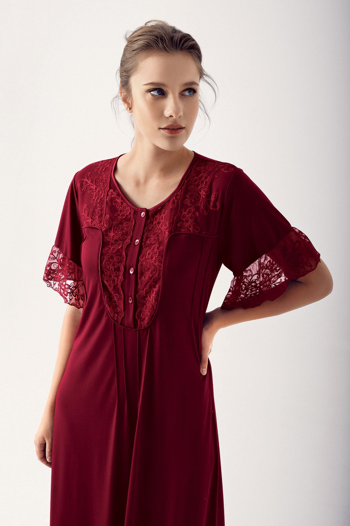 Shopymommy 14105 Collar And Sleeve Lace Maternity & Nursing Nightgown Claret Red