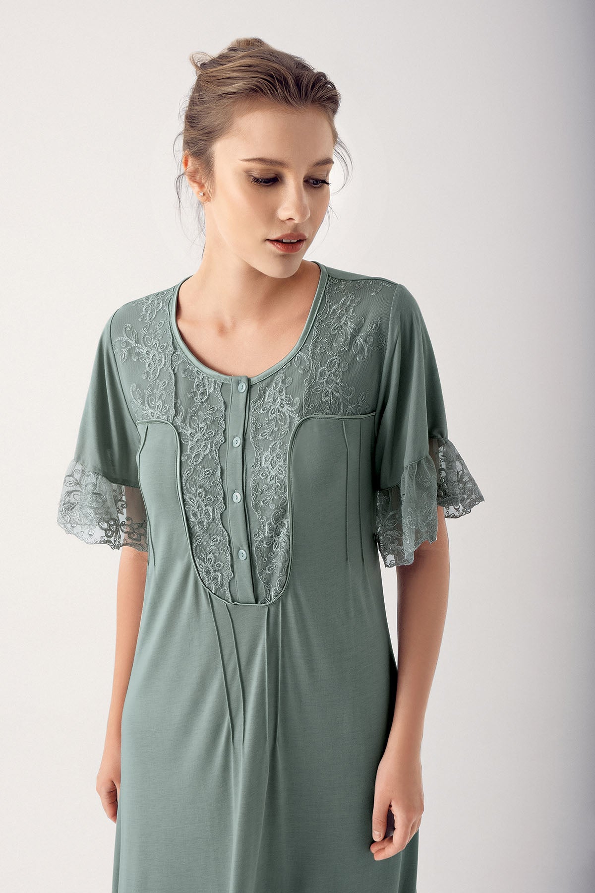 Shopymommy 14105 Collar And Sleeve Lace Maternity & Nursing Nightgown Green