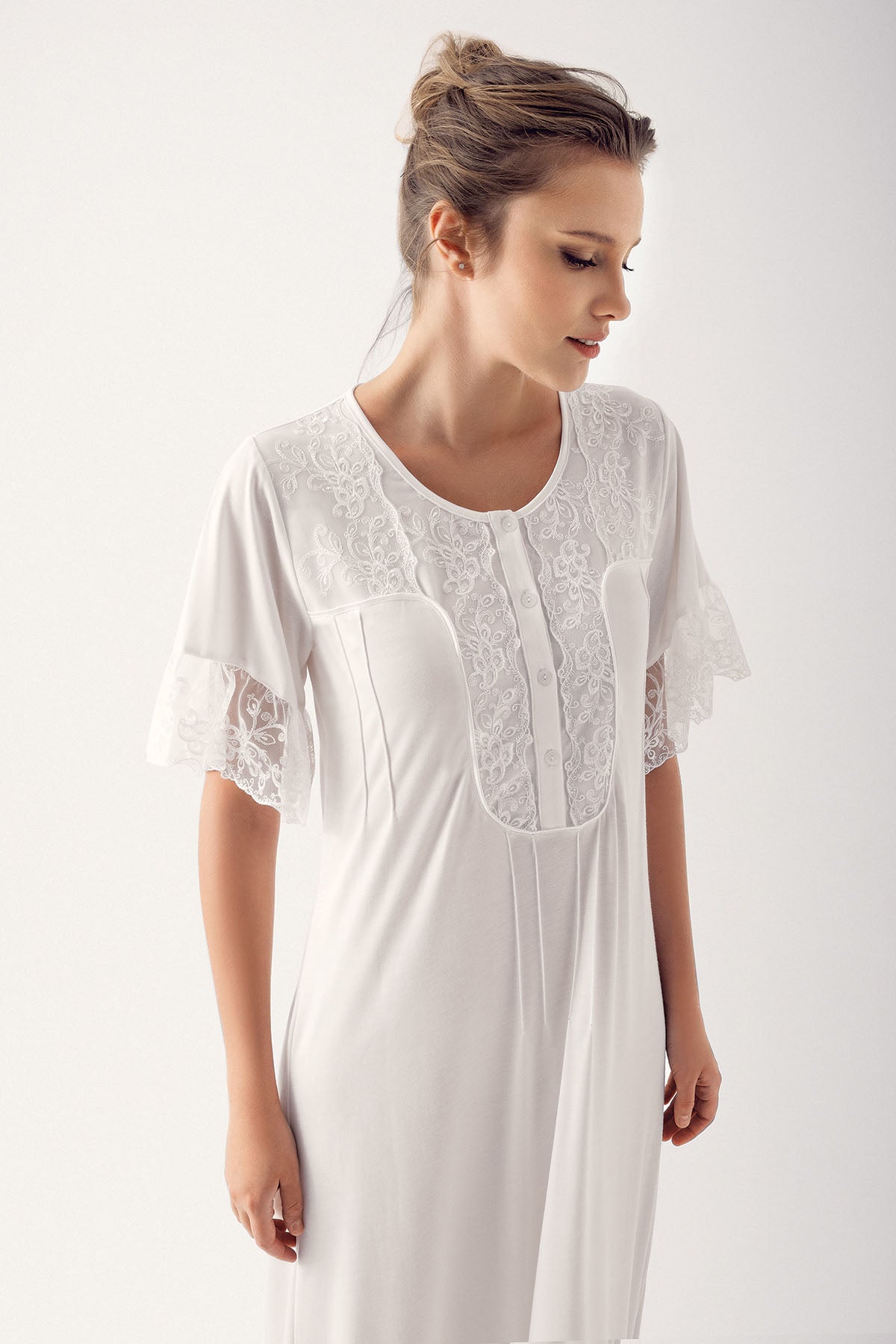 Shopymommy 14105 Collar And Sleeve Lace Maternity & Nursing Nightgown Ecru