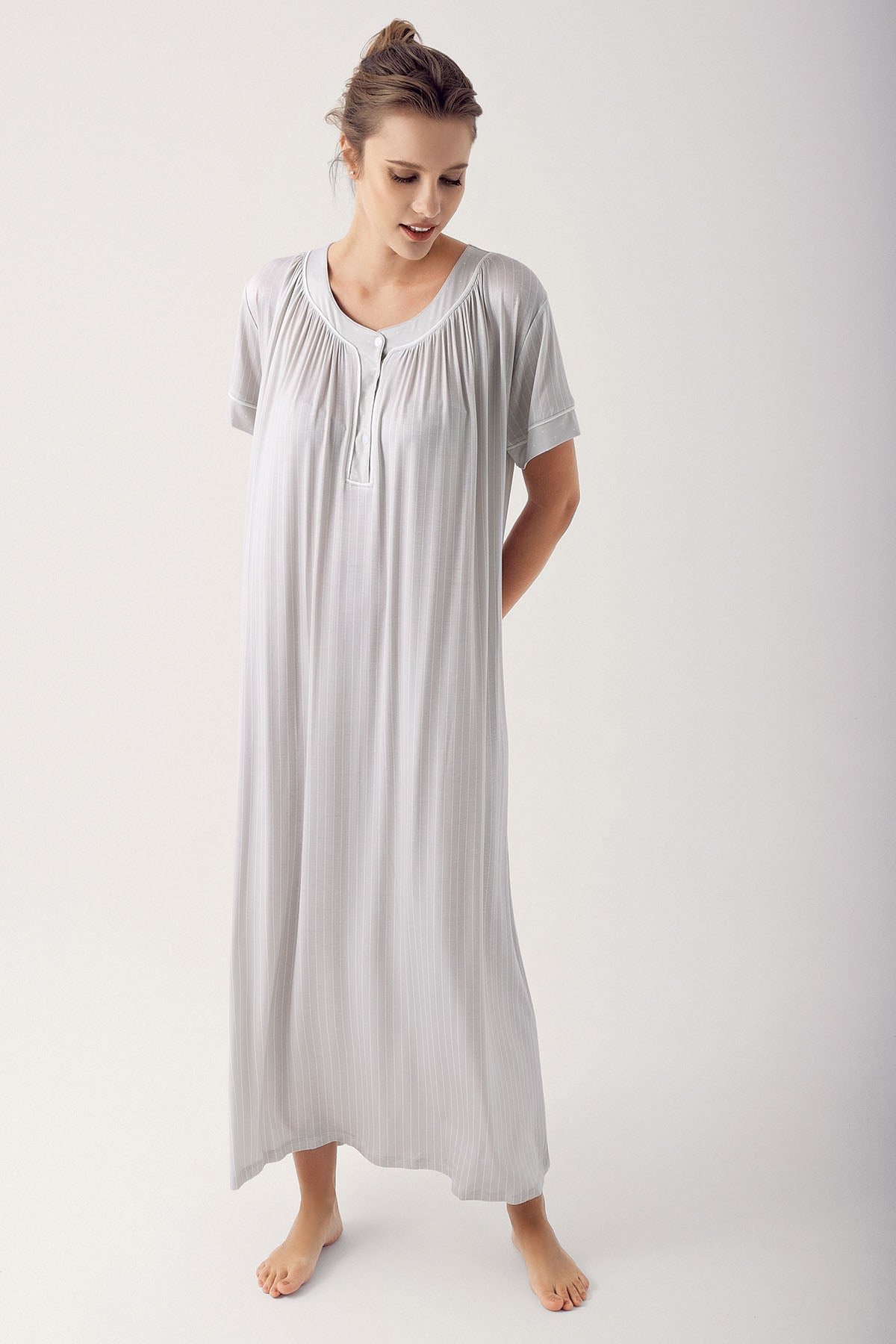 Shopymommy 14115 Striped Maternity & Nursing Nightgown Grey