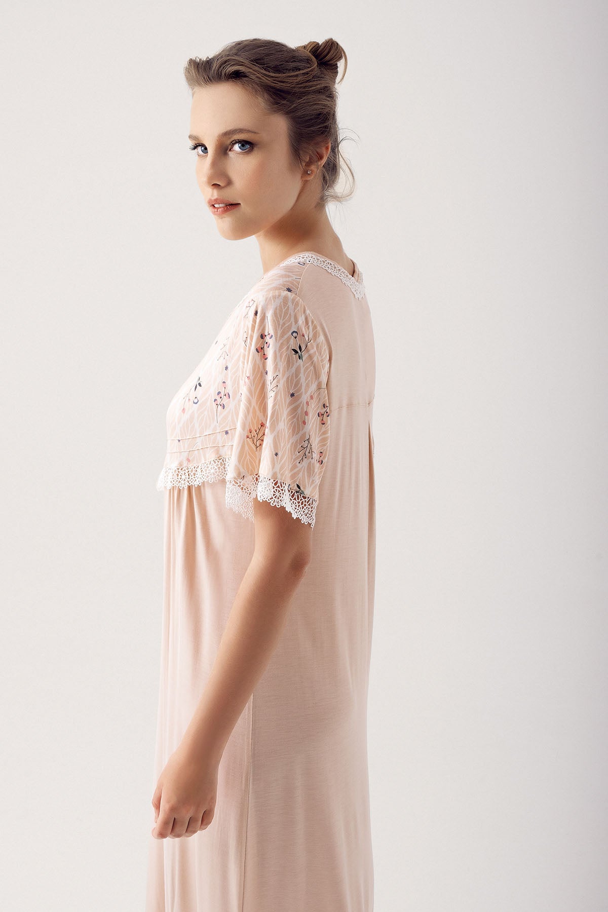 Shopymommy 14125 Lace Flower Pattern Maternity & Nursing Nightgown Beige