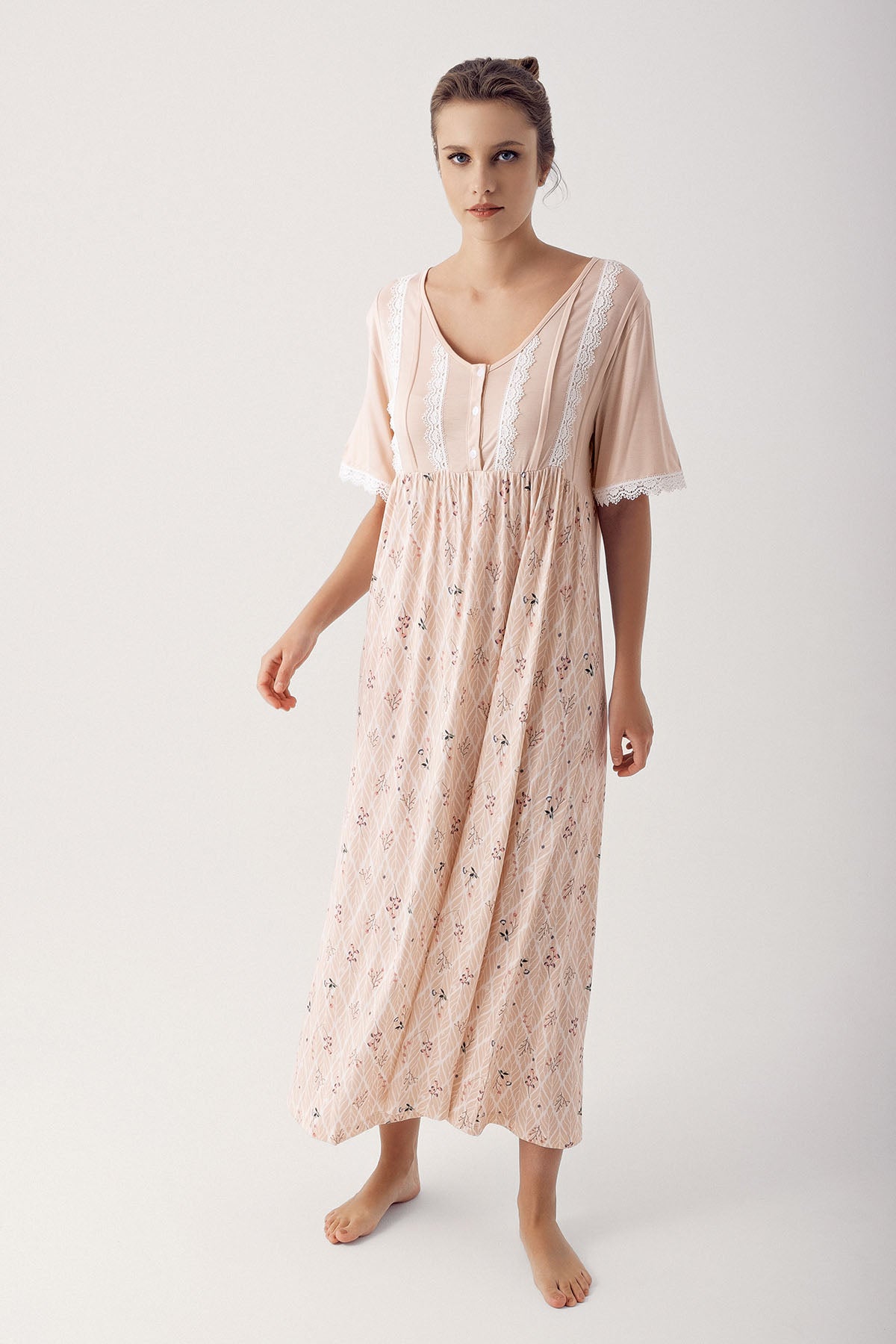 Shopymommy 14126 Lace Collar Flower Pattern Plus Size Maternity & Nursing Nightgown Beige