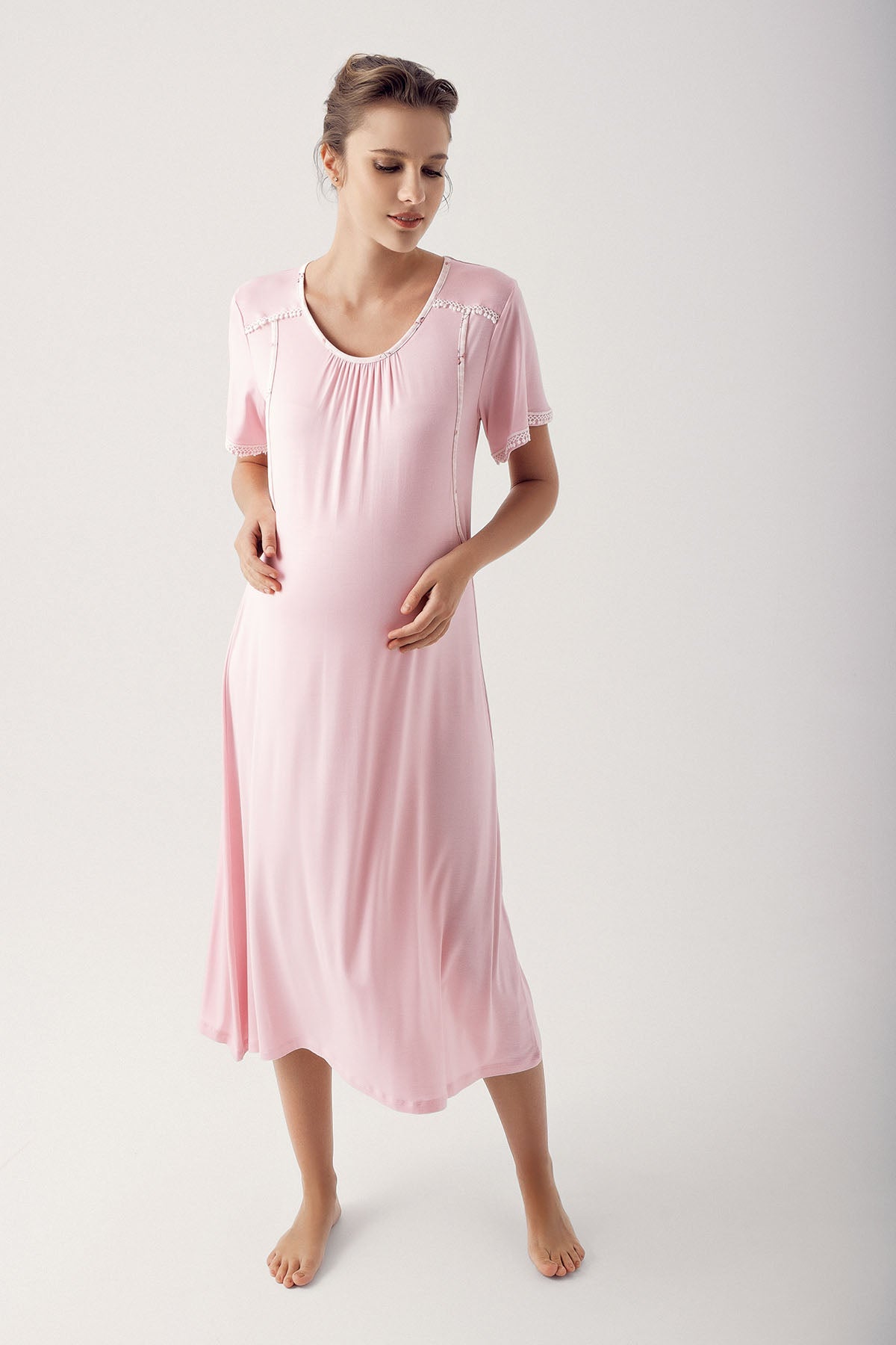 Shopymommy 14127 Breastfeeding Detailed Maternity & Nursing Nightgown Powder