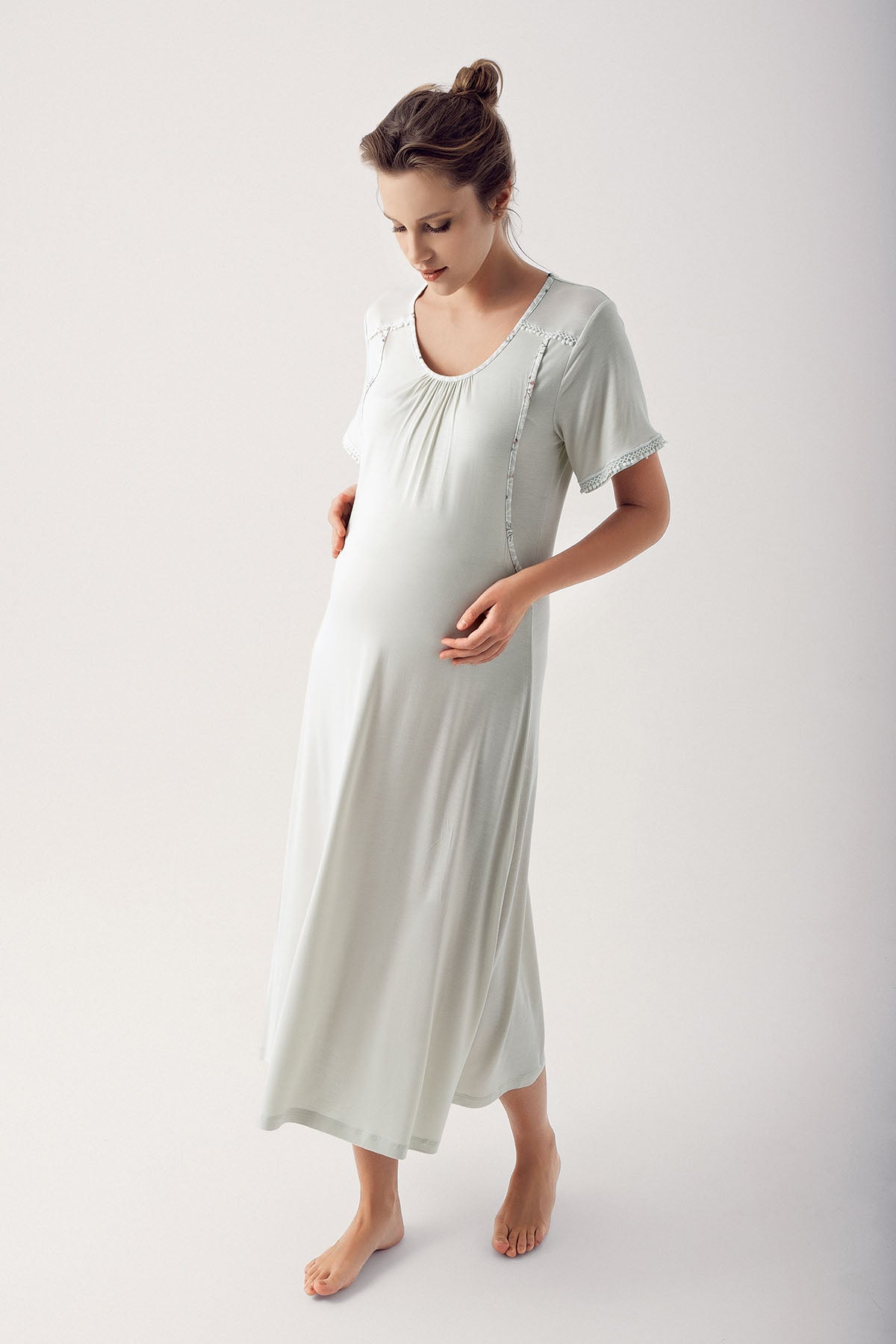 Shopymommy 14404 Breastfeeding Detailed Maternity & Nursing Nightgown With Patterned Robe Green