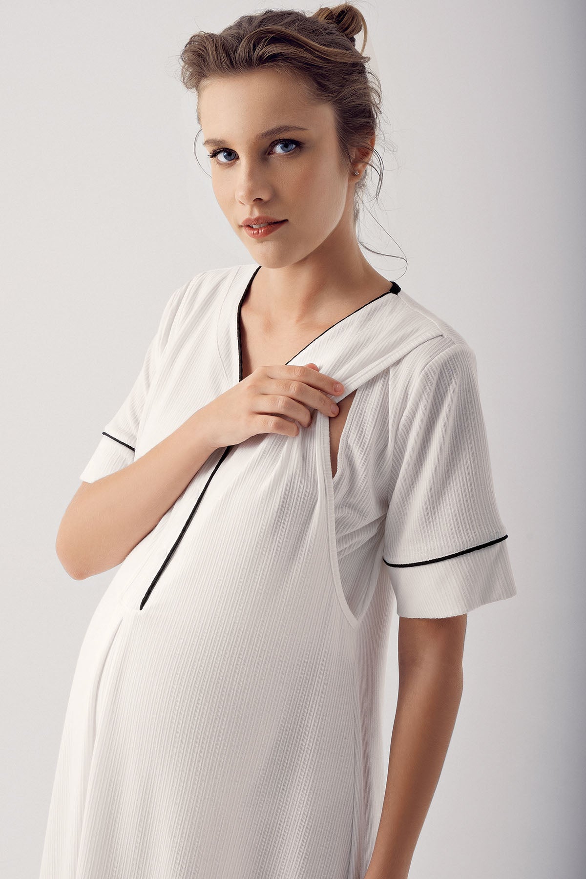 Shopymommy 14128 Double Breast Feeding Maternity & Nursing Nightgown Ecru