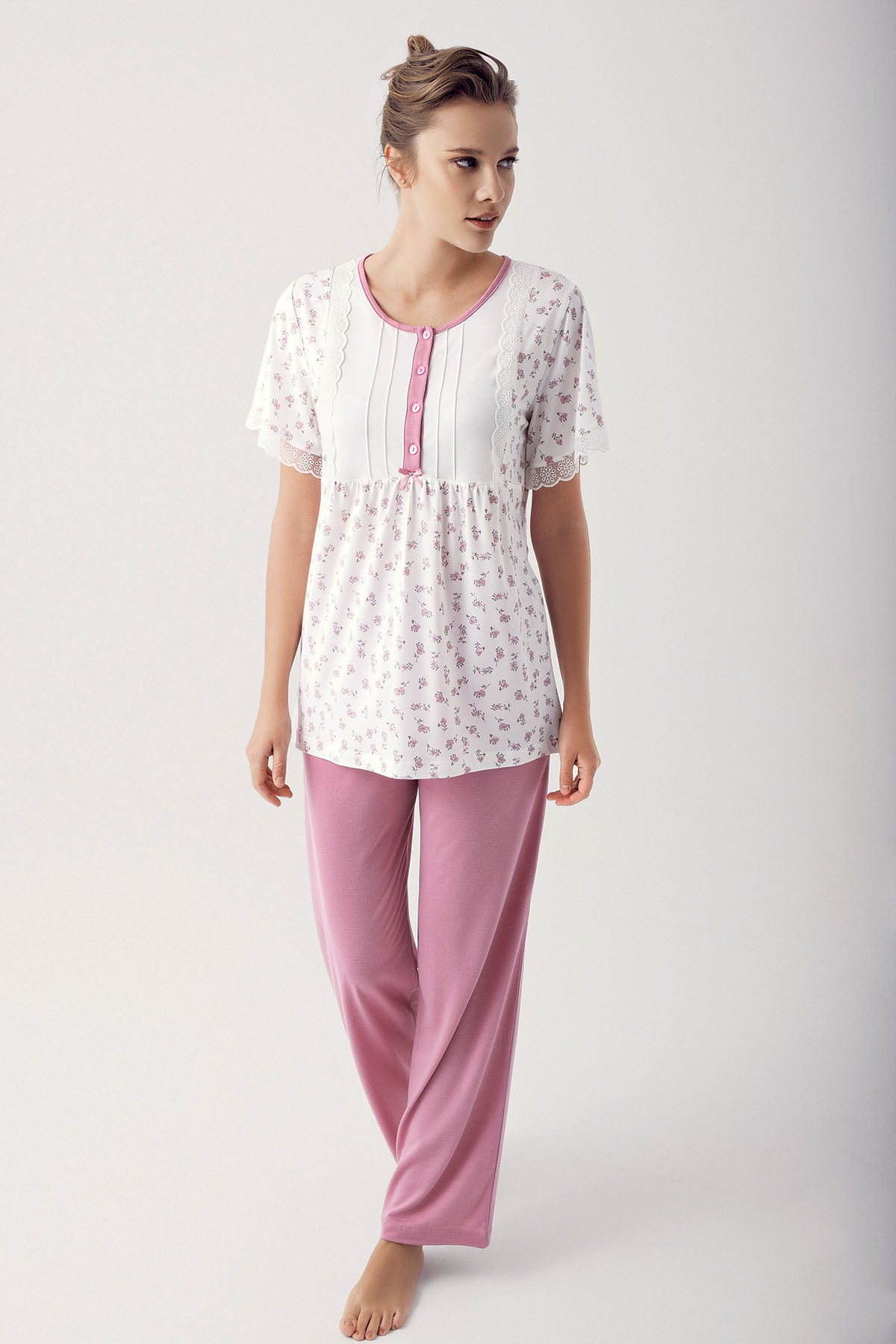 Shopymommy 14201 Flower Pattern Lace Plus Size Maternity & Nursing Pajamas Dried Rose