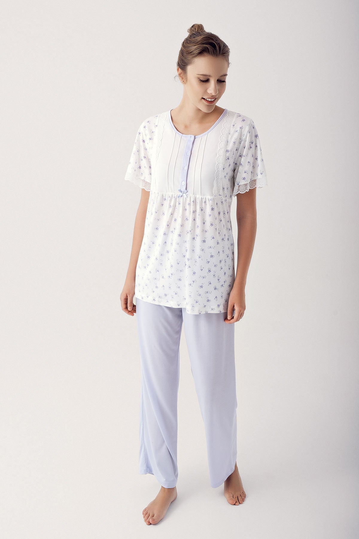 Shopymommy 14201 Flower Pattern Lace Plus Size Maternity & Nursing Pajamas Lilac