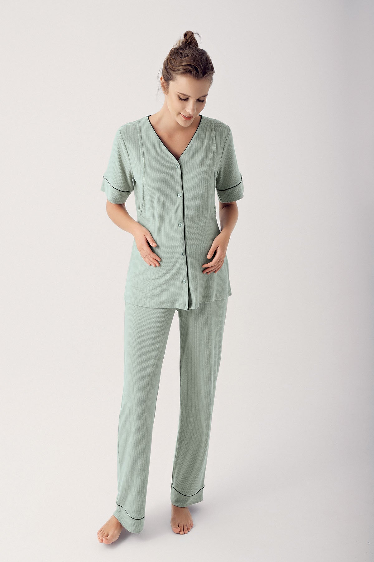 Shopymommy 14209 Double Breast Feeding Maternity & Nursing Pajamas Green