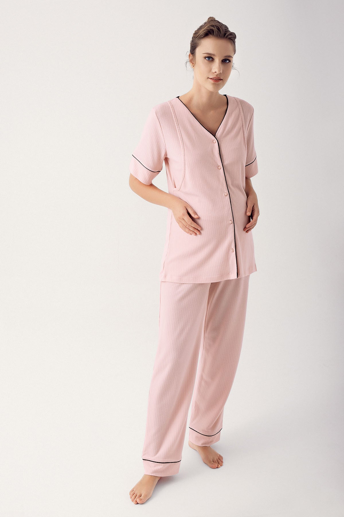 Shopymommy 14209 Double Breast Feeding Maternity & Nursing Pajamas Pink