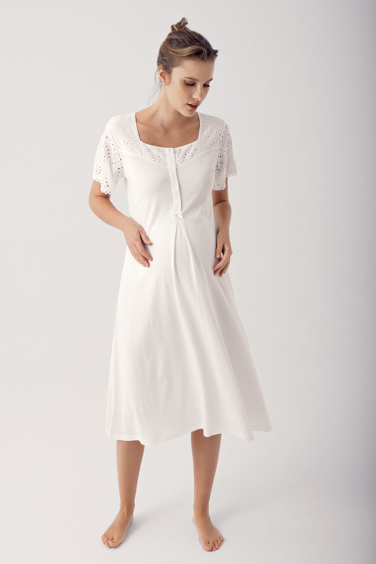 Shopymommy 14400 Motif Embroidered Maternity & Nursing Nightgown With Robe Ecru