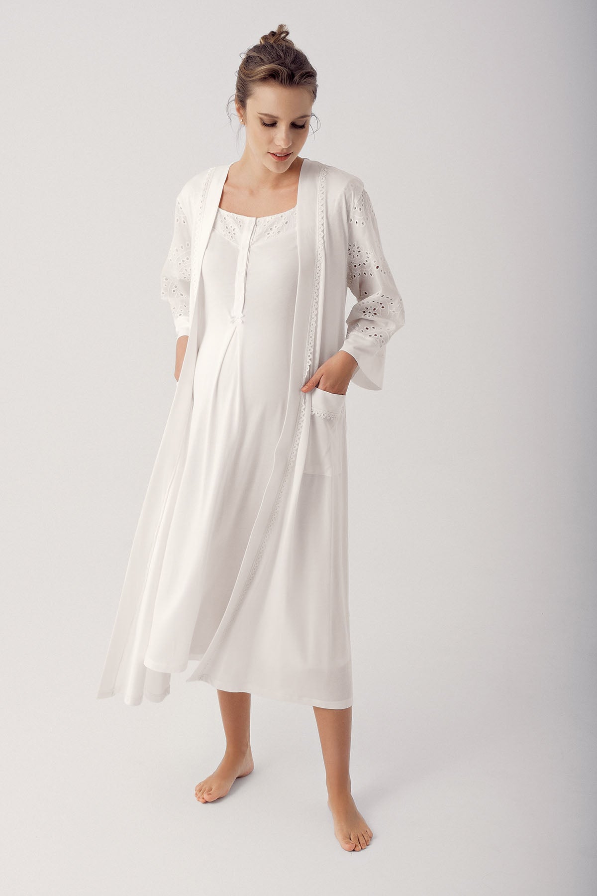 Shopymommy 14400 Motif Embroidered Maternity & Nursing Nightgown With Robe Ecru