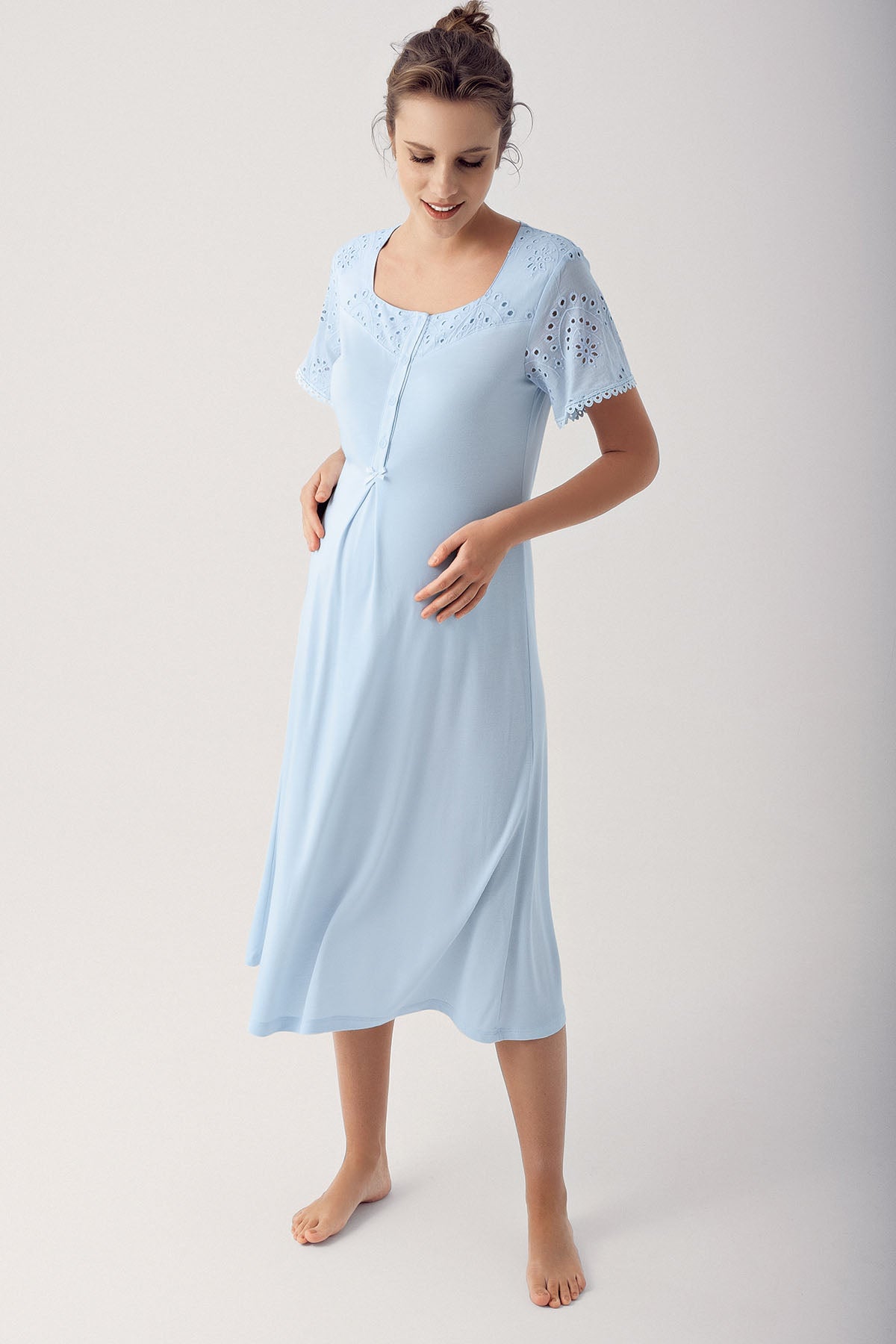 Shopymommy 14400 Motif Embroidered Maternity & Nursing Nightgown With Robe Blue