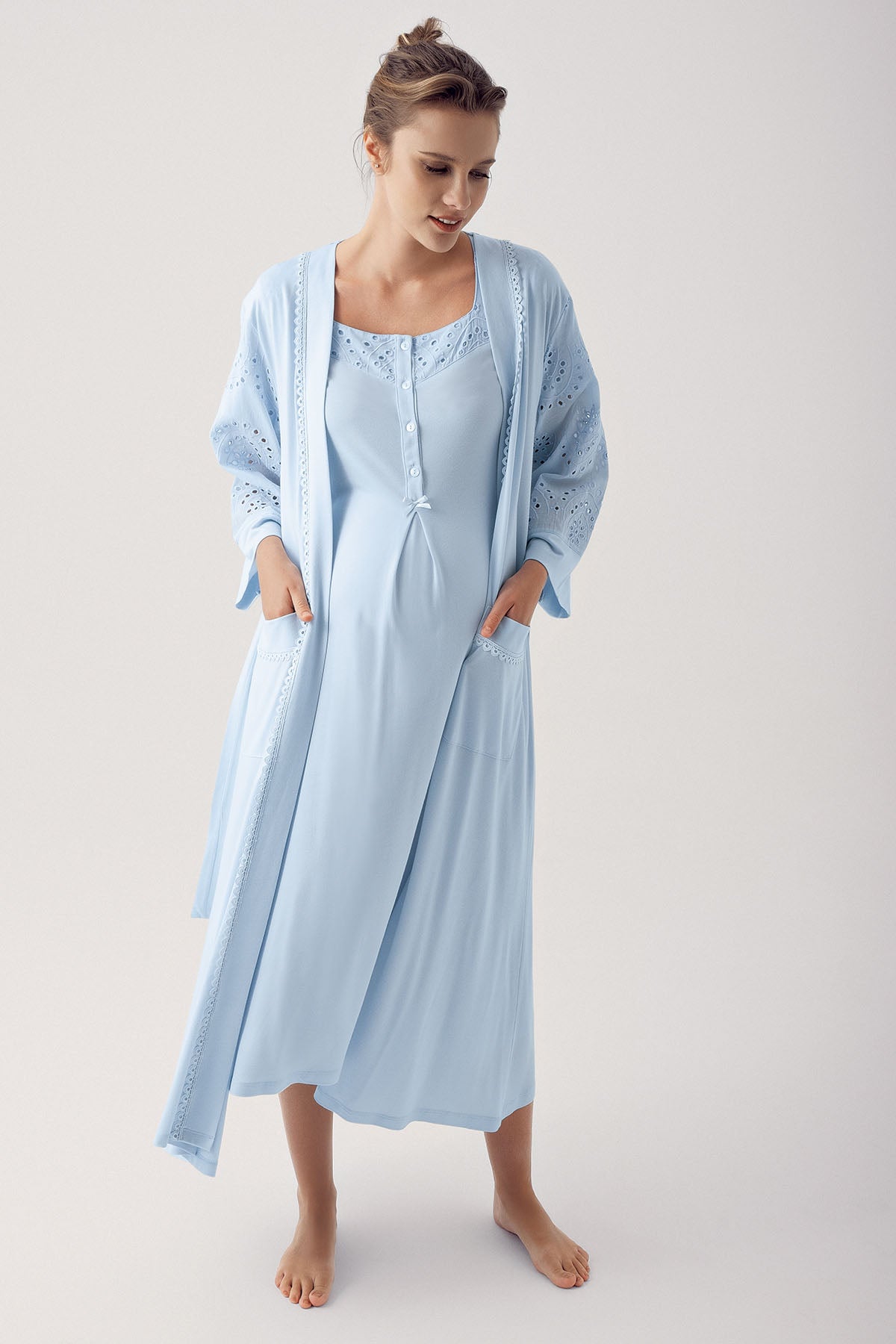 Shopymommy 14400 Motif Embroidered Maternity & Nursing Nightgown With Robe Blue
