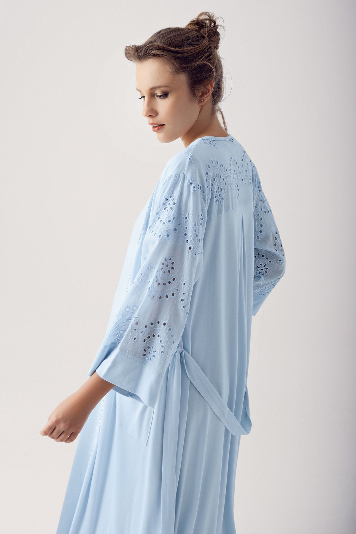 Shopymommy 14400 Motif Embroidered Maternity & Nursing Nightgown With Robe Blue