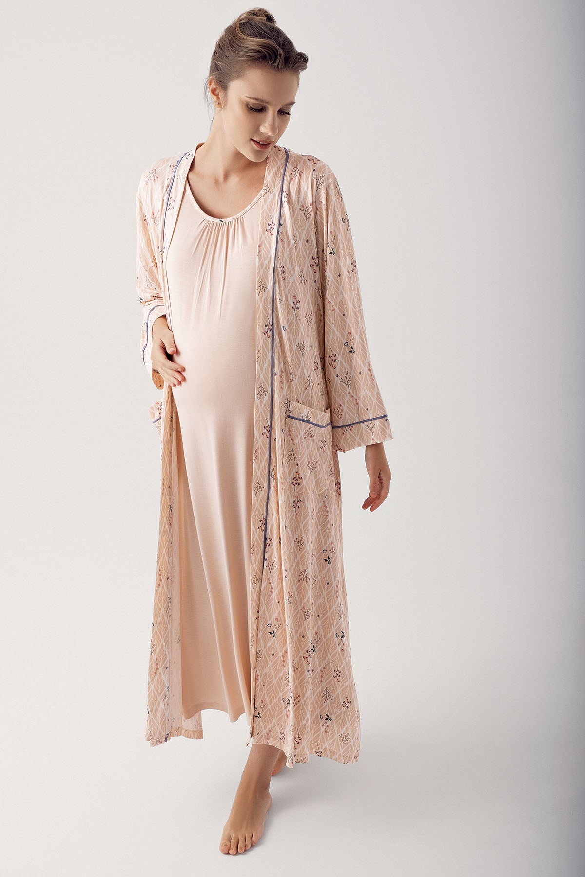 Shopymommy 14404 Breastfeeding Detailed Maternity & Nursing Nightgown With Patterned Robe Beige
