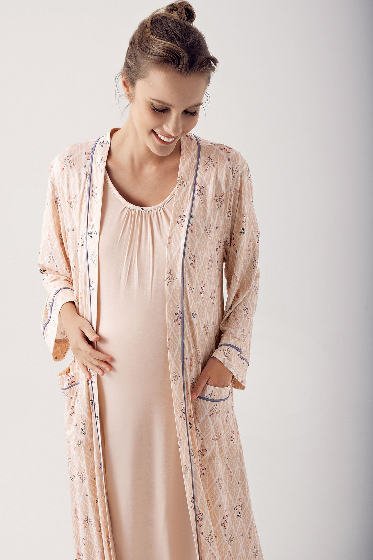 Shopymommy 14404 Breastfeeding Detailed Maternity & Nursing Nightgown With Patterned Robe Beige