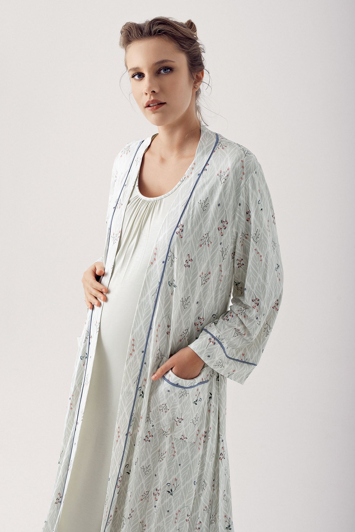 Shopymommy 14404 Breastfeeding Detailed Maternity & Nursing Nightgown With Patterned Robe Green