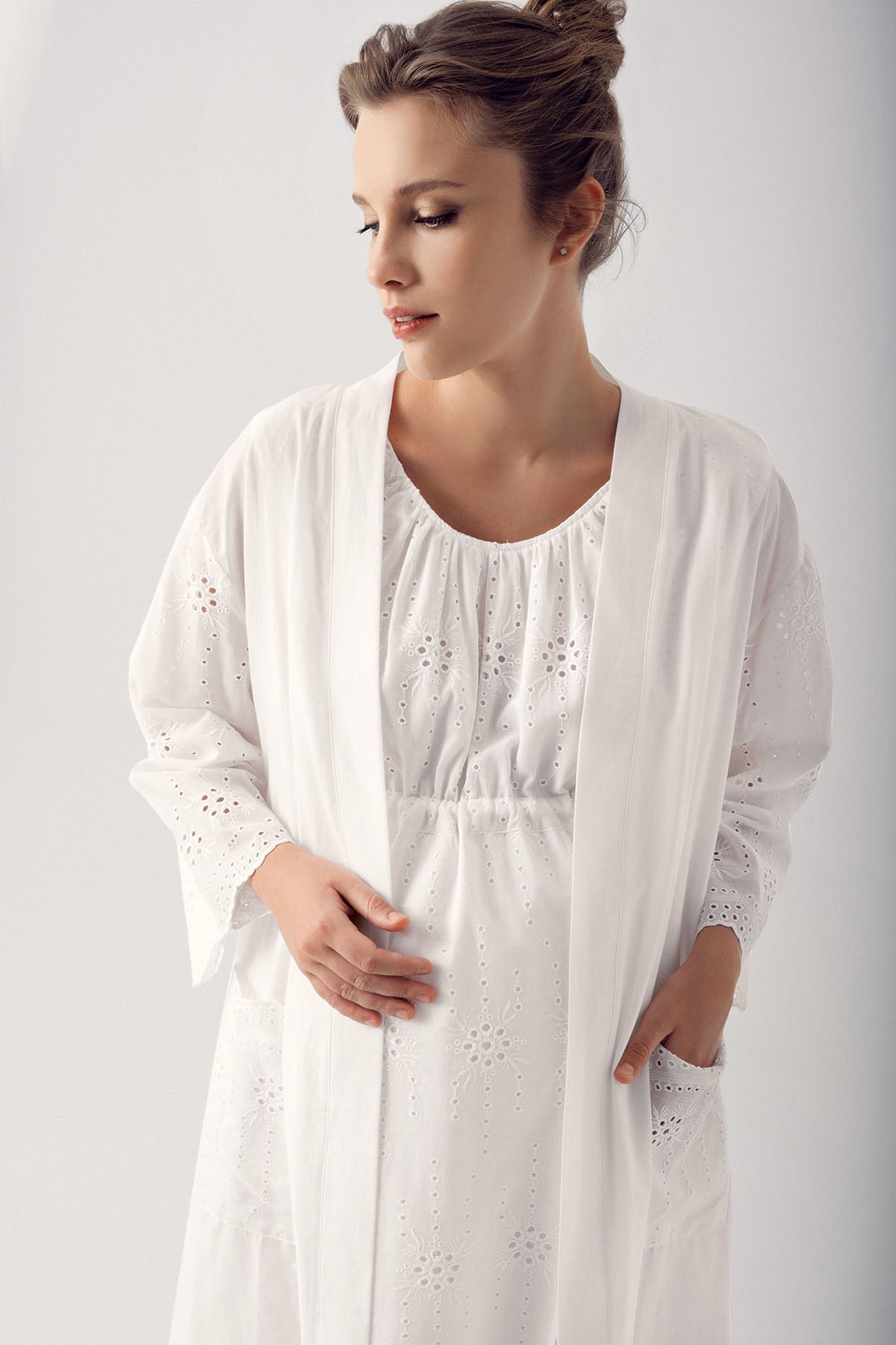 Shopymommy 14407 Woven Maternity & Nursing Nightgown With Robe Ecru