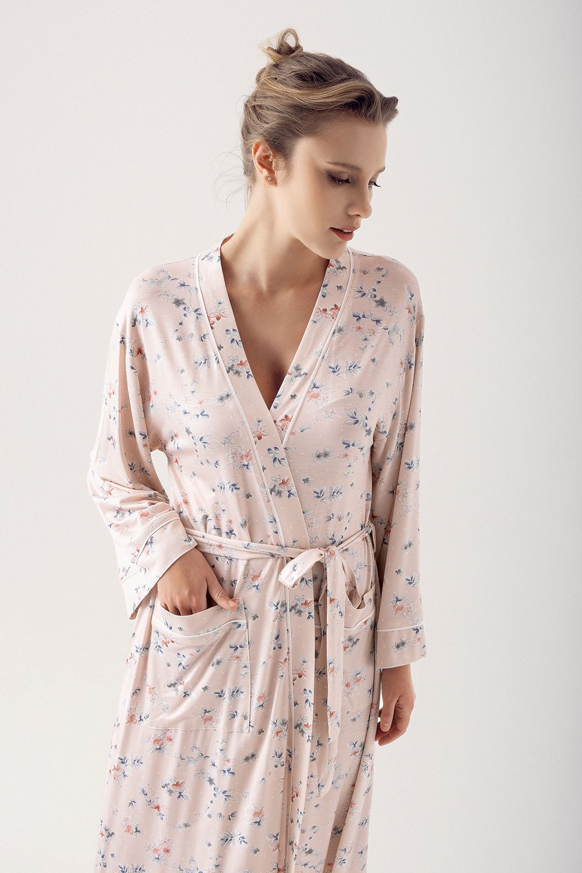 Shopymommy 14500 Flower Pattern Maternity Robe Beige