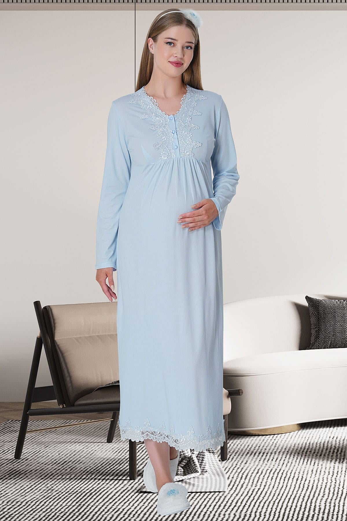Shopymommy 1518 Lace Maternity & Nursing Nightgown With Robe Blue