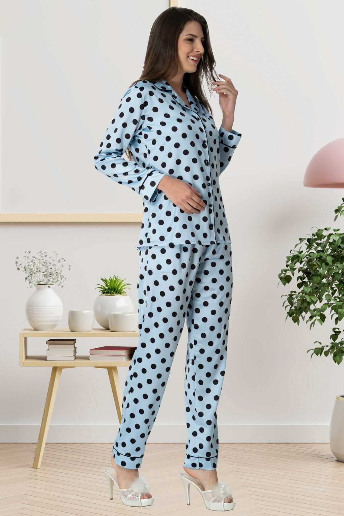 Shopymommy 1550 Satin Polka Dot Front Button Maternity & Nursing Pajamas