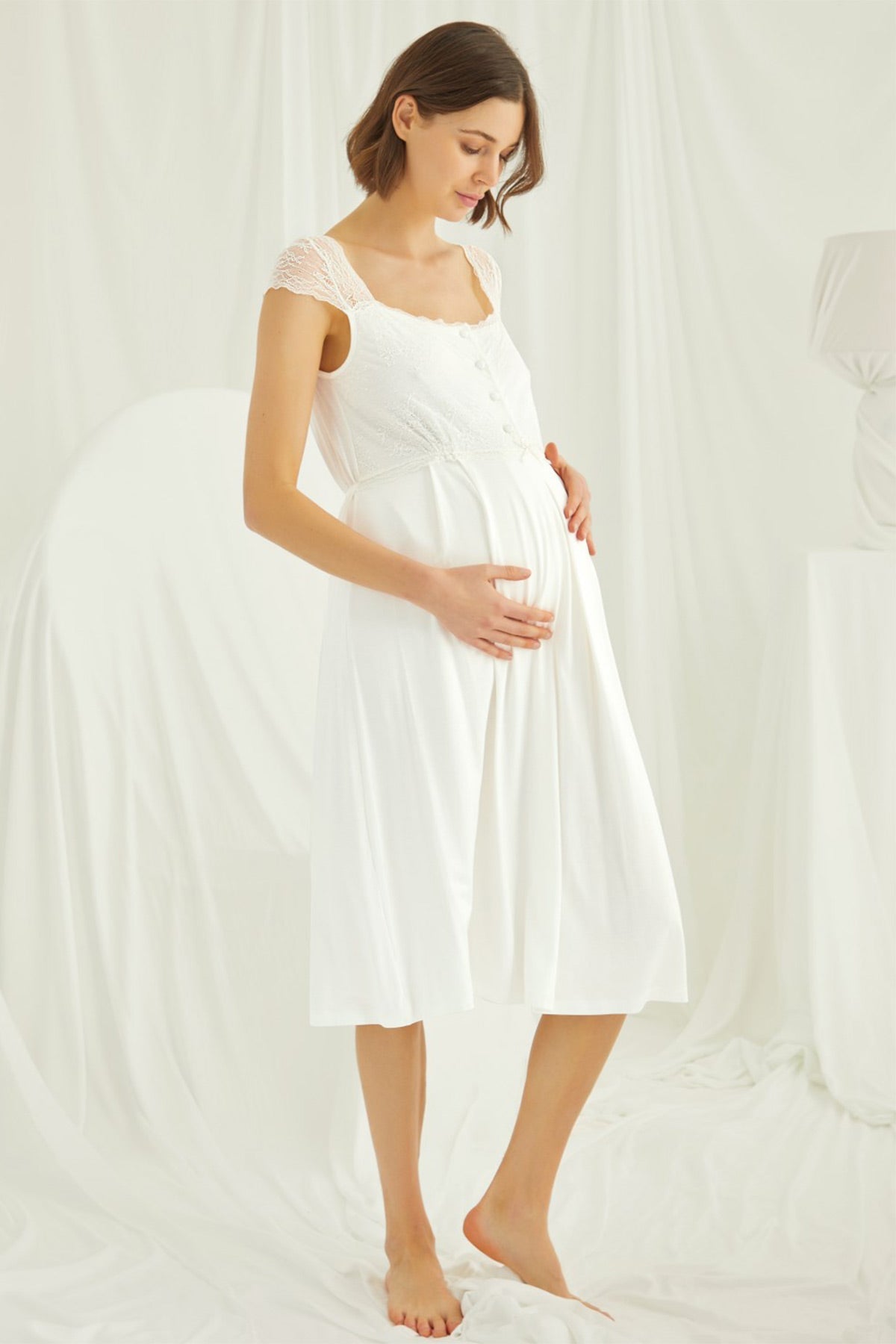 Shopymommy 202303 Lace 4 Pieces Maternity & Nursing Set Ecru
