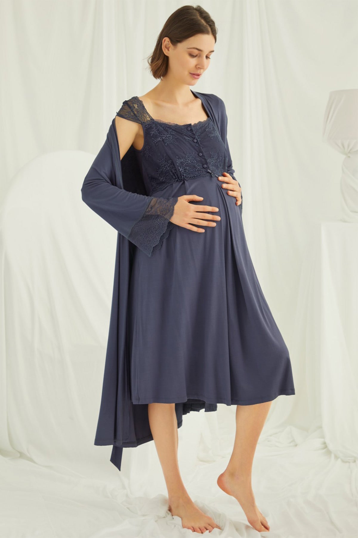 Shopymommy 18210 Lace Maternity & Nursing Nightgown With Robe Set Navy Blue
