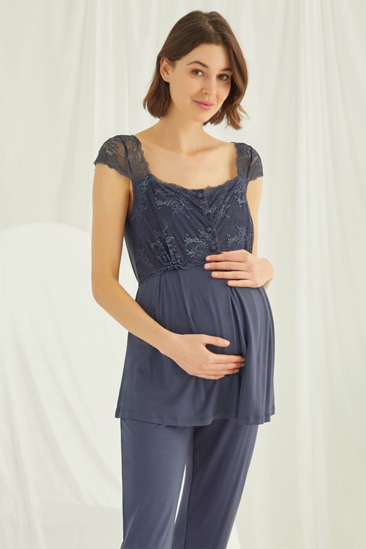 Shopymommy 210305 Lace 4 Pieces Maternity & Nursing Set Navy Blue