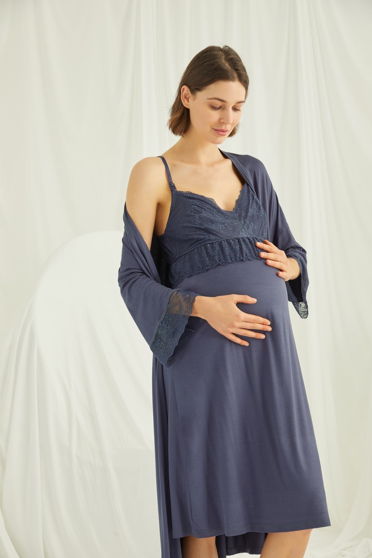 Shopymommy 18428 Lace Strappy Maternity & Nursing Nightgown With Robe Set Navy Blue