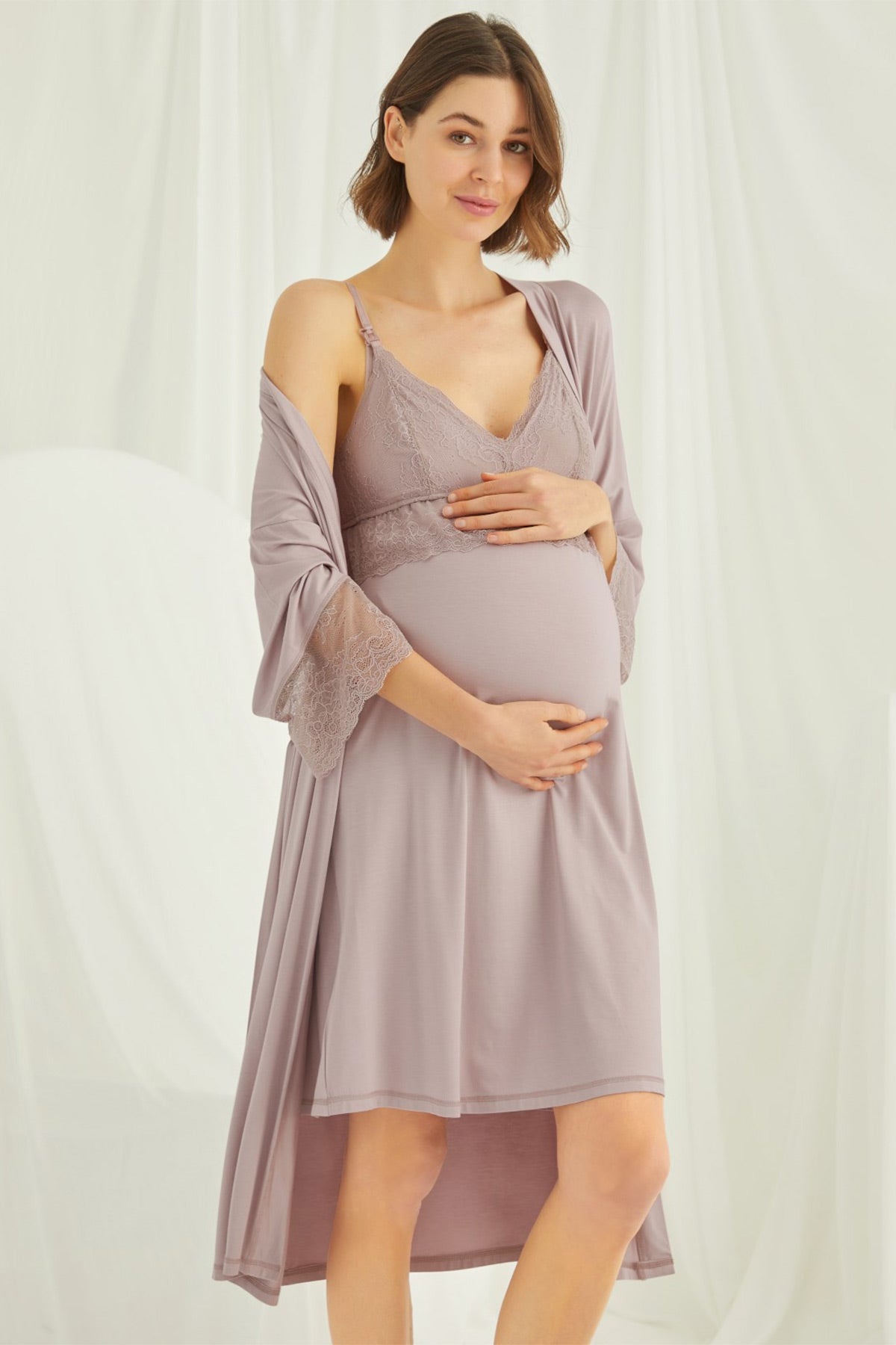Shopymommy 18430 Lace Strappy Maternity & Nursing Nightgown With Robe Set Coffee