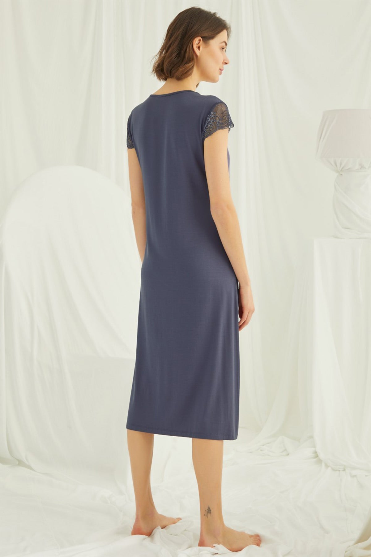Shopymommy 18454 Lace V-Neck Plus Size Maternity & Nursing Nightgown Navy Blue