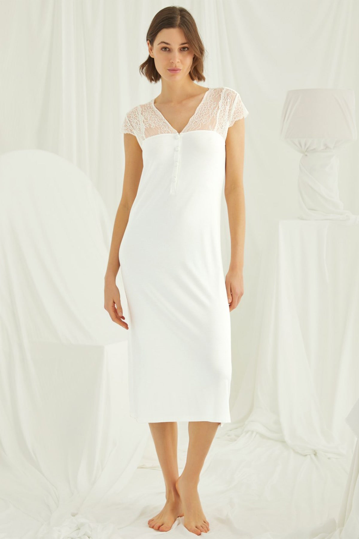 Shopymommy 18455 Lace V-Neck Plus Size Maternity & Nursing Nightgown Ecru