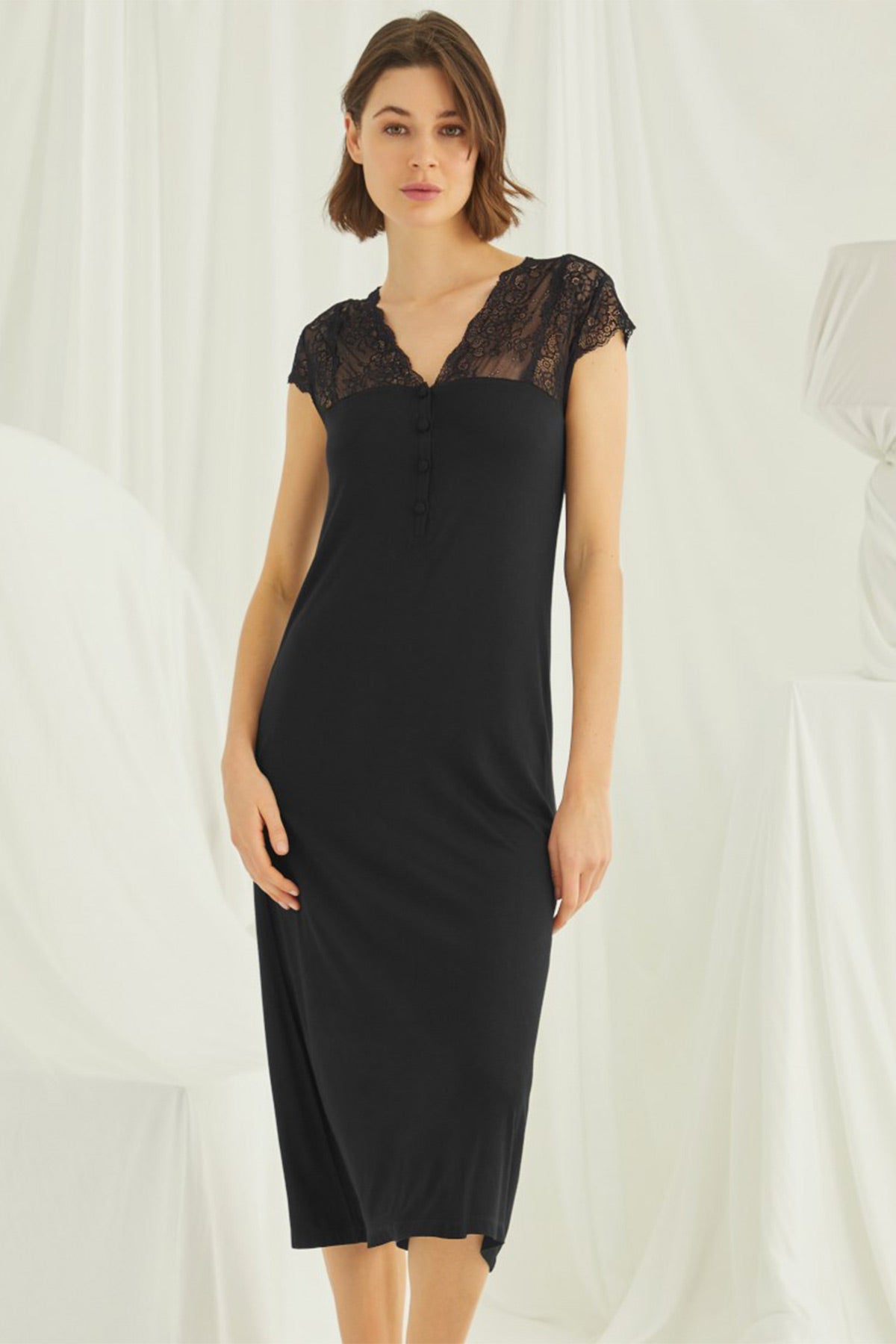 Shopymommy 18457 Lace V-Neck Plus Size Maternity & Nursing Nightgown Black