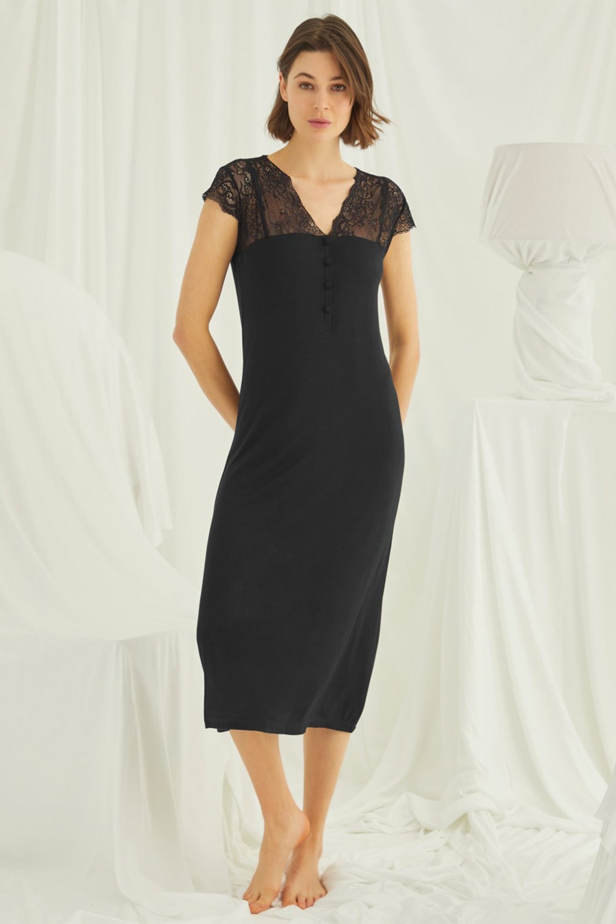 Shopymommy 18457 Lace V-Neck Plus Size Maternity & Nursing Nightgown Black