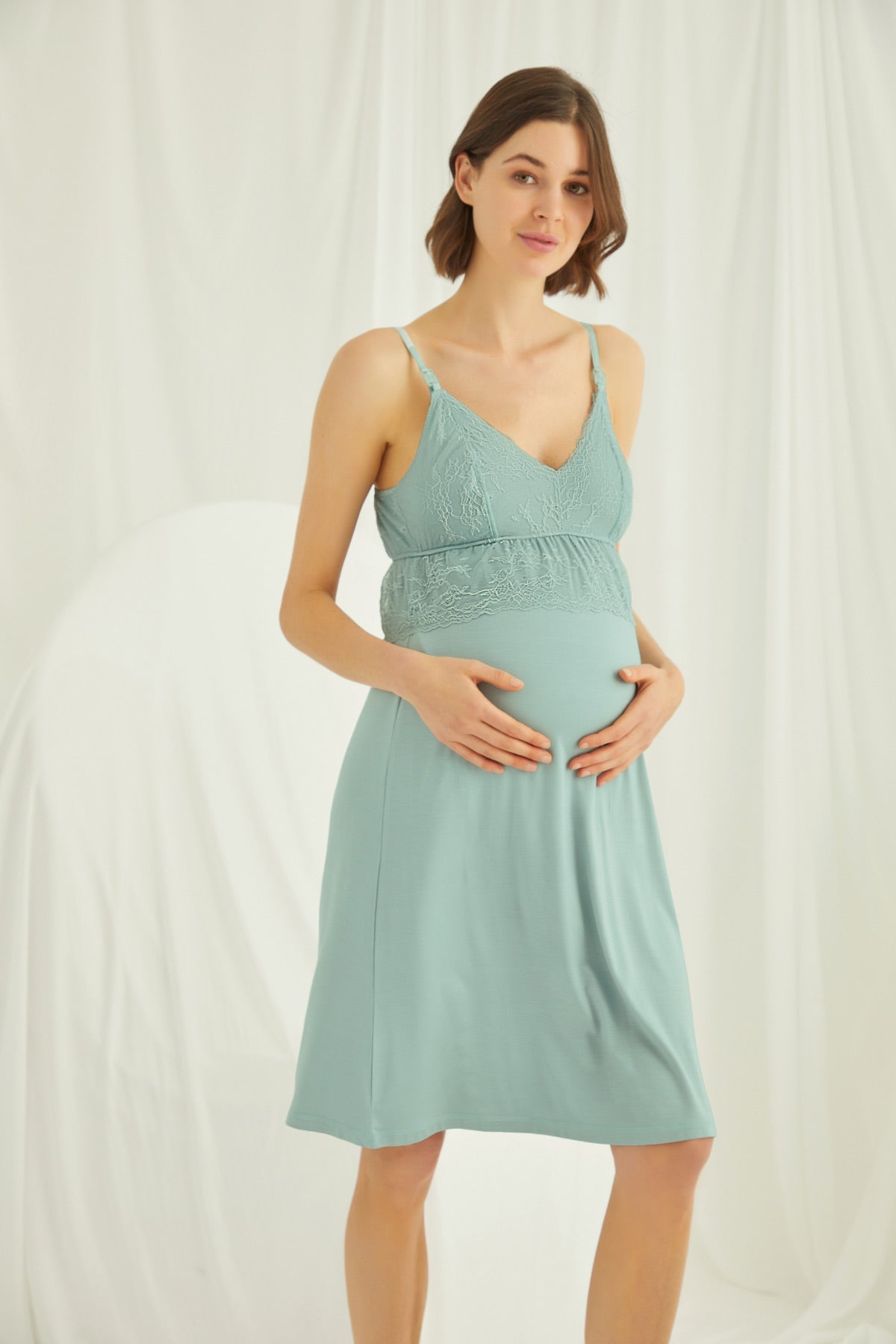 Shopymommy 18470 Lace Strappy Maternity & Nursing Nightgown With Robe Set Green